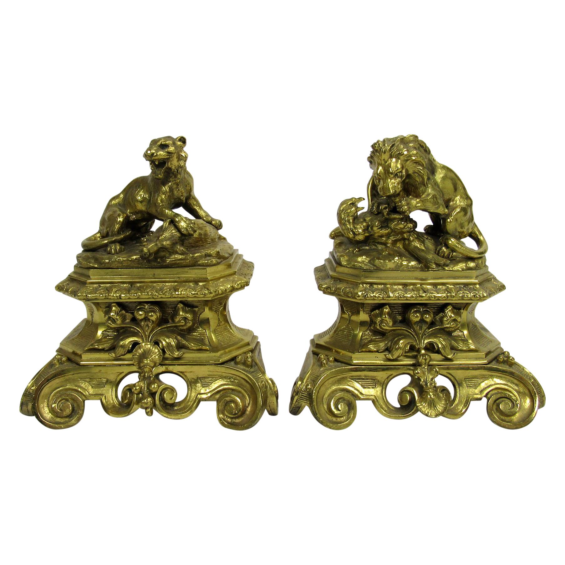 19th Century English Bronze Doré Andirons For Sale