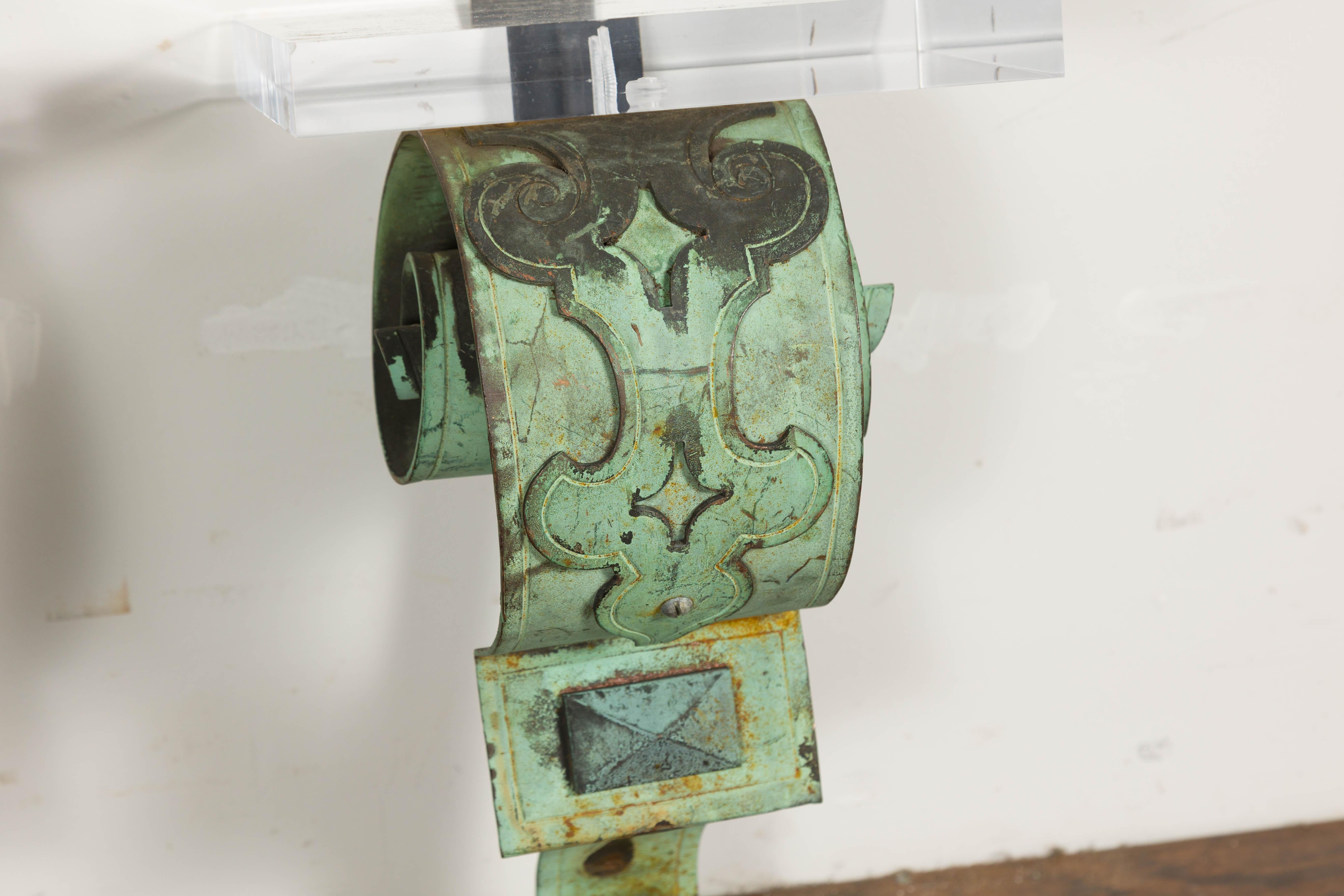 19th Century English Bronze Verdigris Wall Brackets with Lucite Tops, a Pair For Sale 8