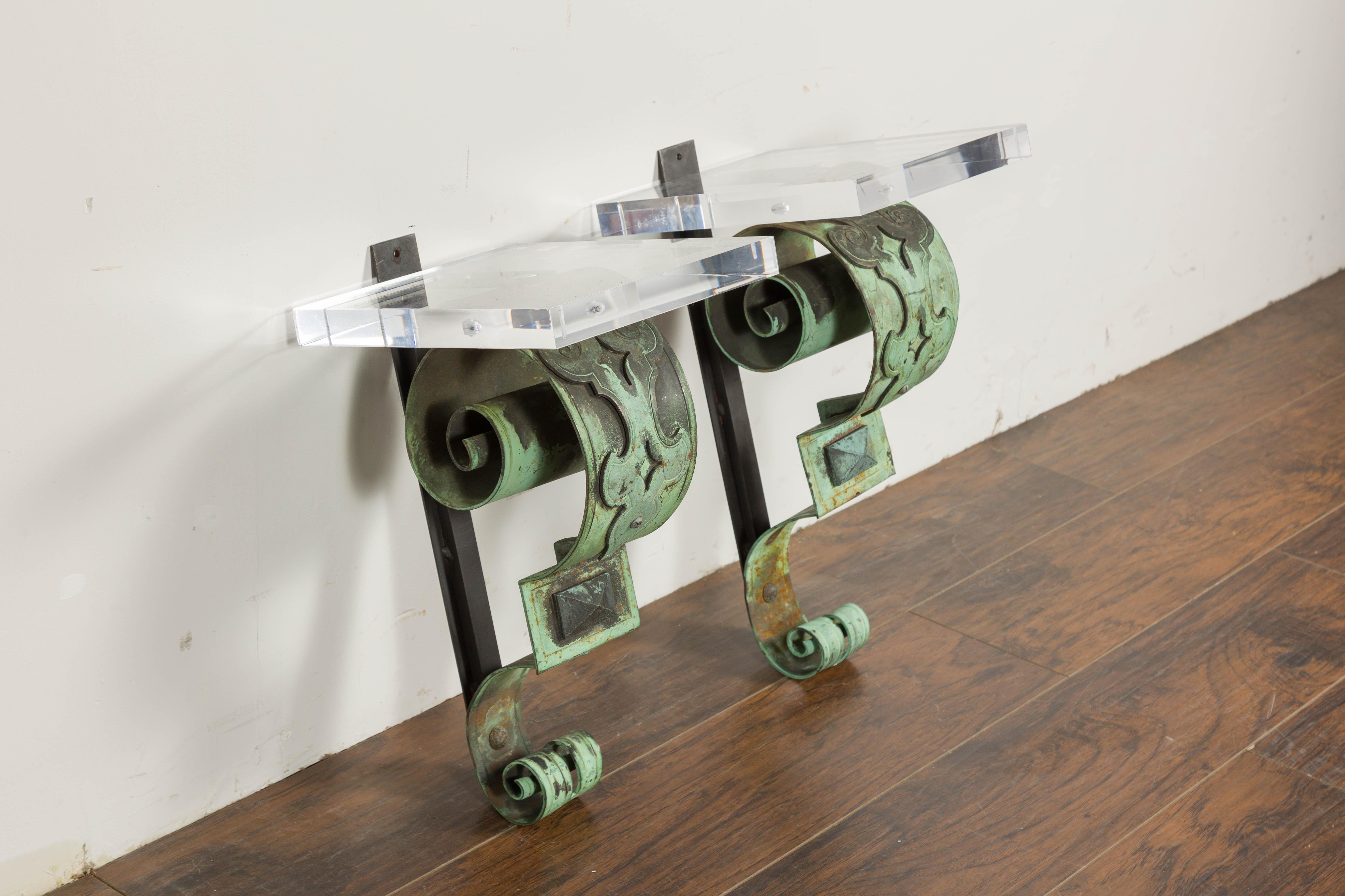 19th Century English Bronze Verdigris Wall Brackets with Lucite Tops, a Pair For Sale 10