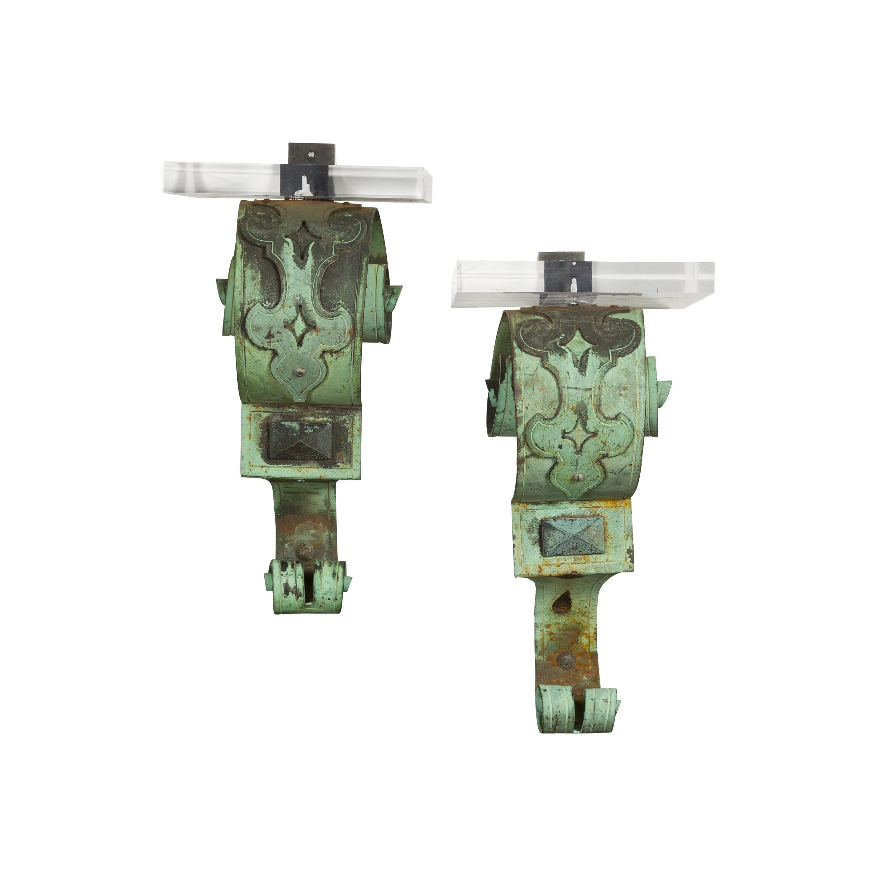 19th Century English Bronze Verdigris Wall Brackets with Lucite Tops, a Pair For Sale 14