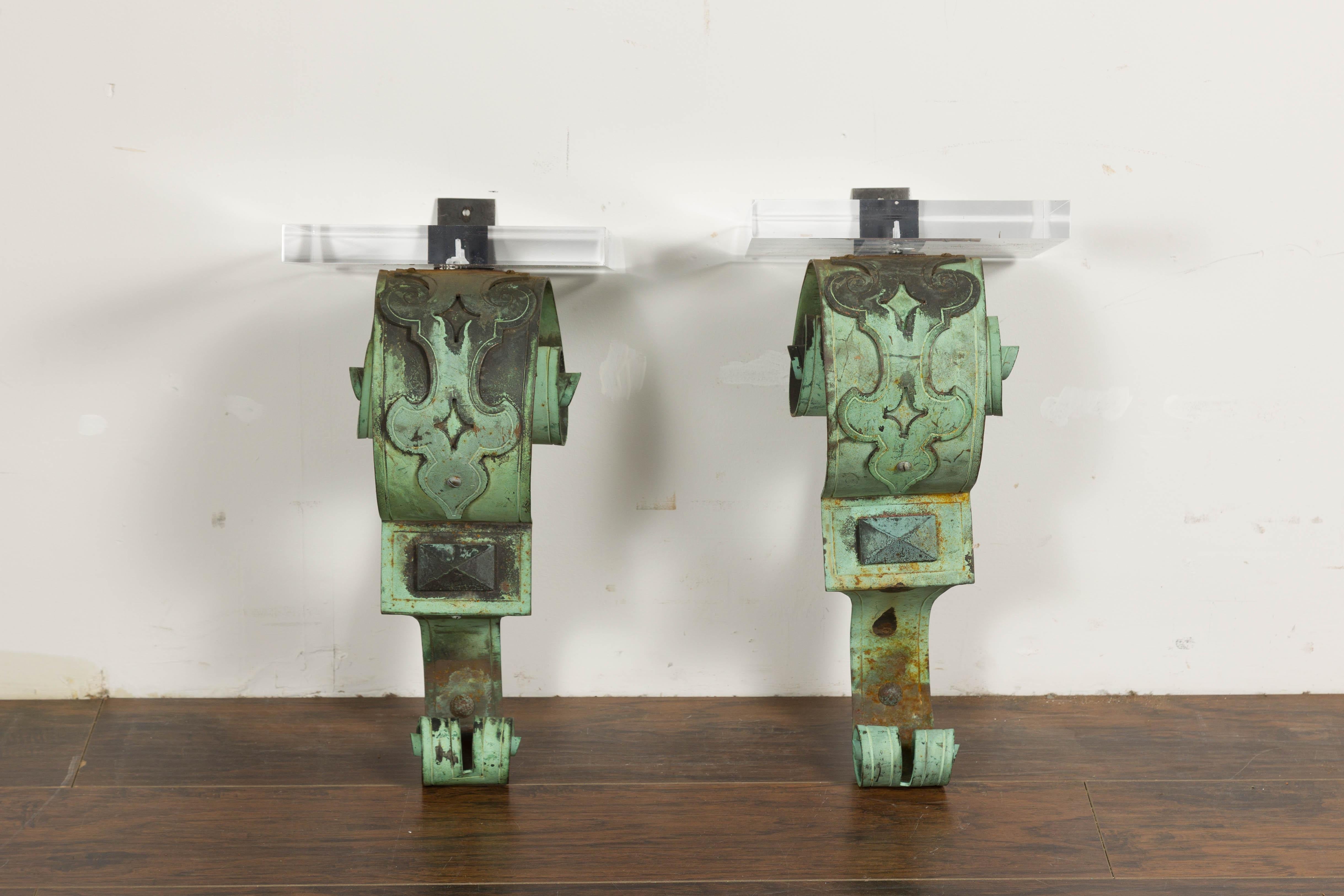 19th Century English Bronze Verdigris Wall Brackets with Lucite Tops, a Pair In Good Condition For Sale In Atlanta, GA
