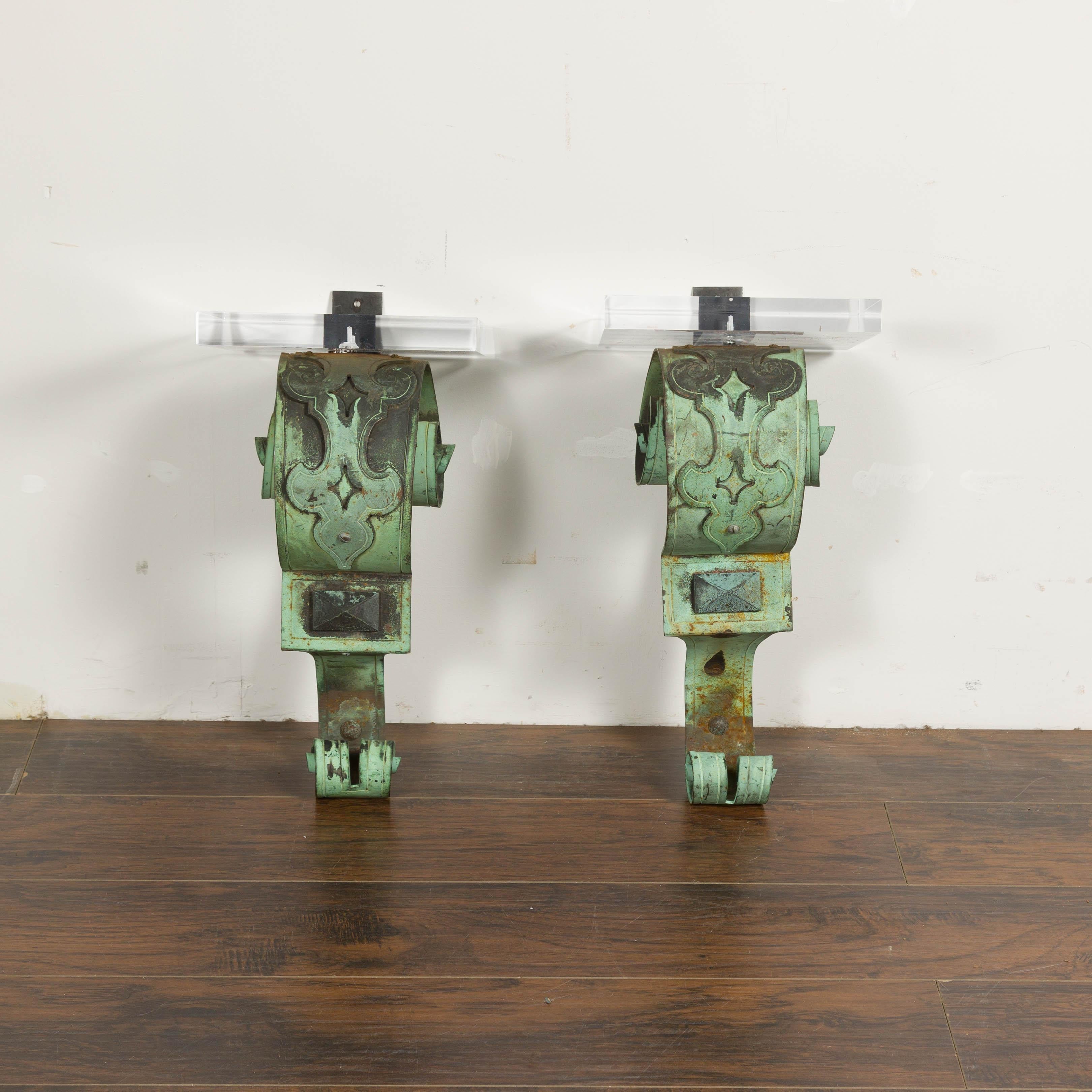 19th Century English Bronze Verdigris Wall Brackets with Lucite Tops, a Pair For Sale 1