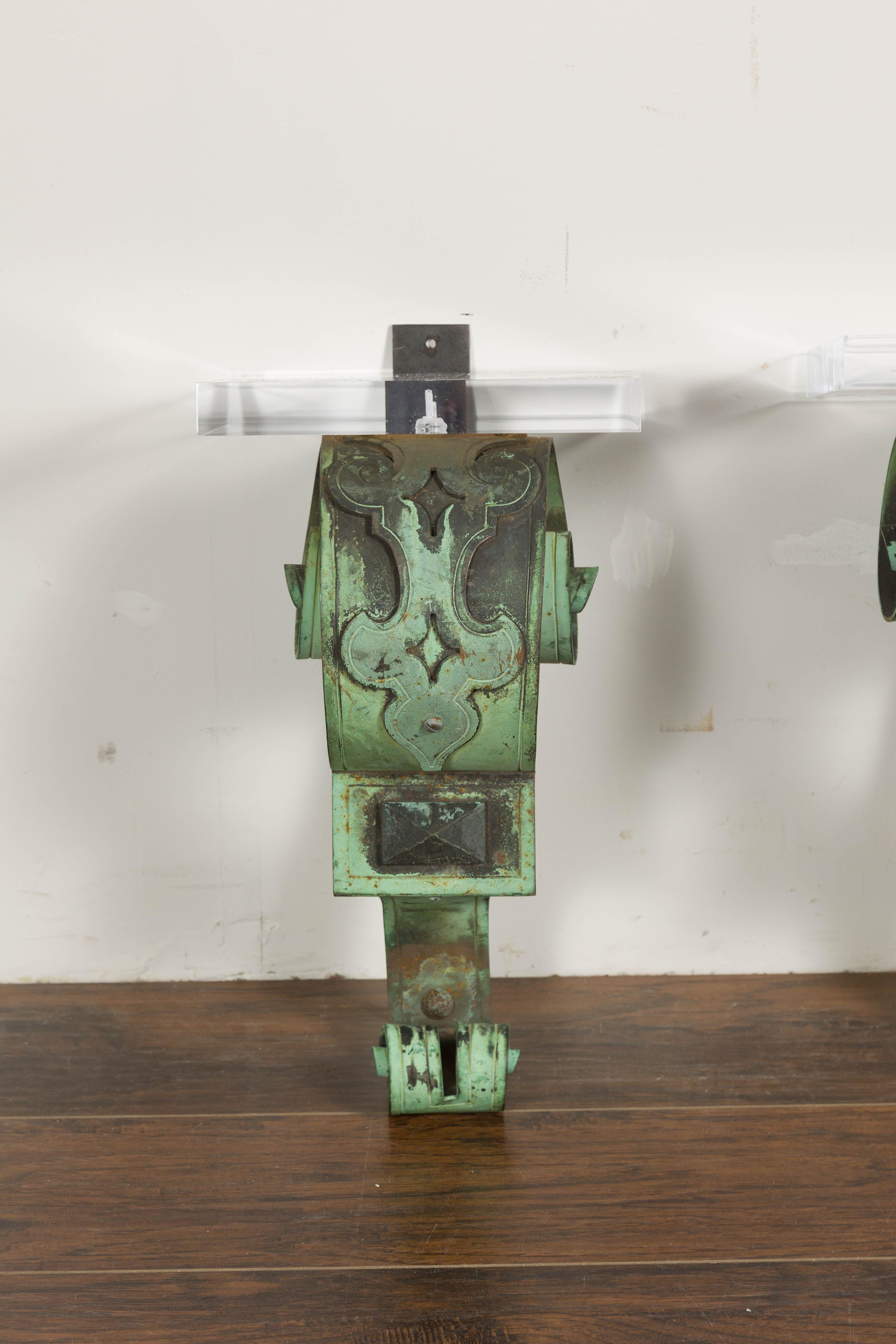 19th Century English Bronze Verdigris Wall Brackets with Lucite Tops, a Pair For Sale 2