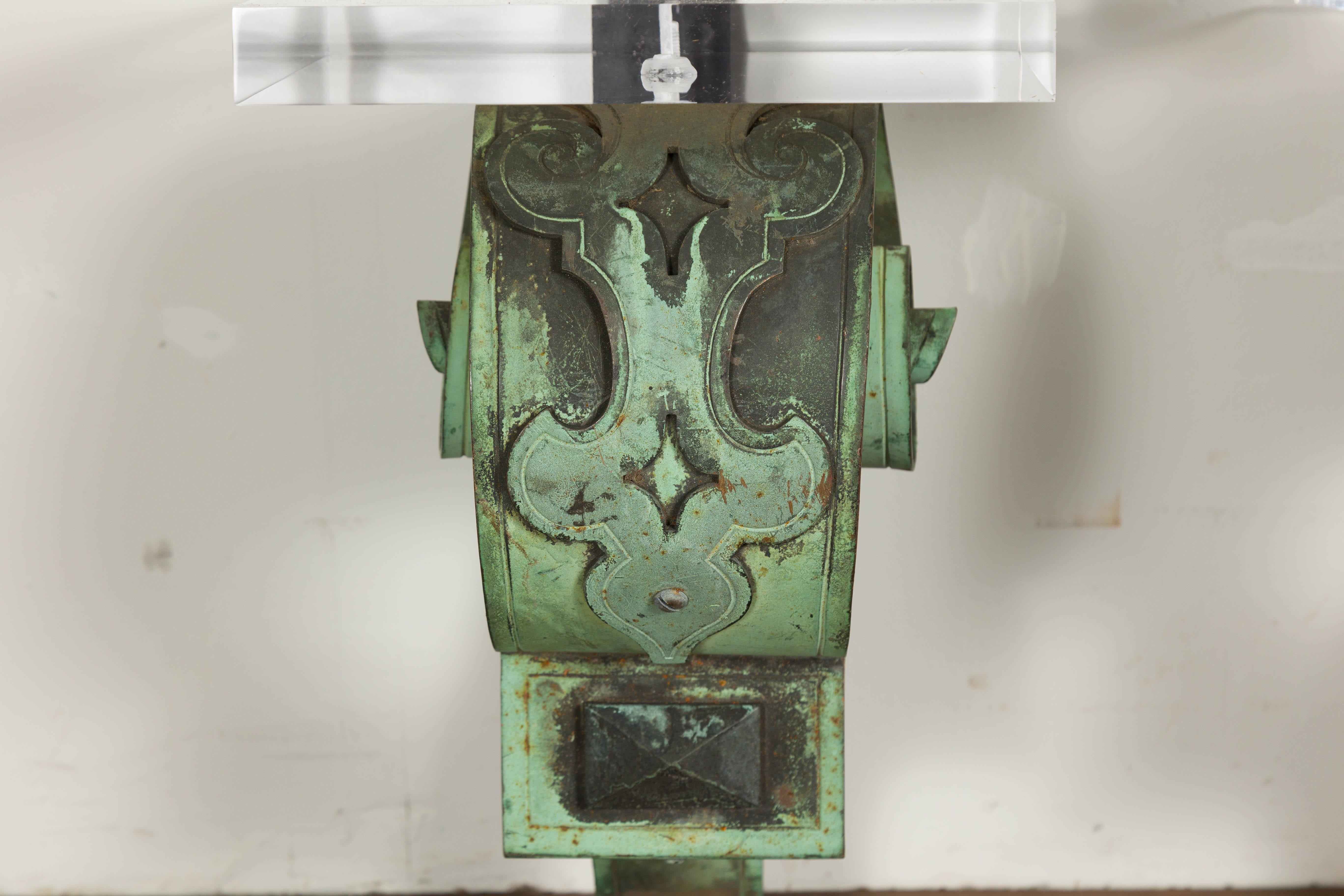 19th Century English Bronze Verdigris Wall Brackets with Lucite Tops, a Pair For Sale 6
