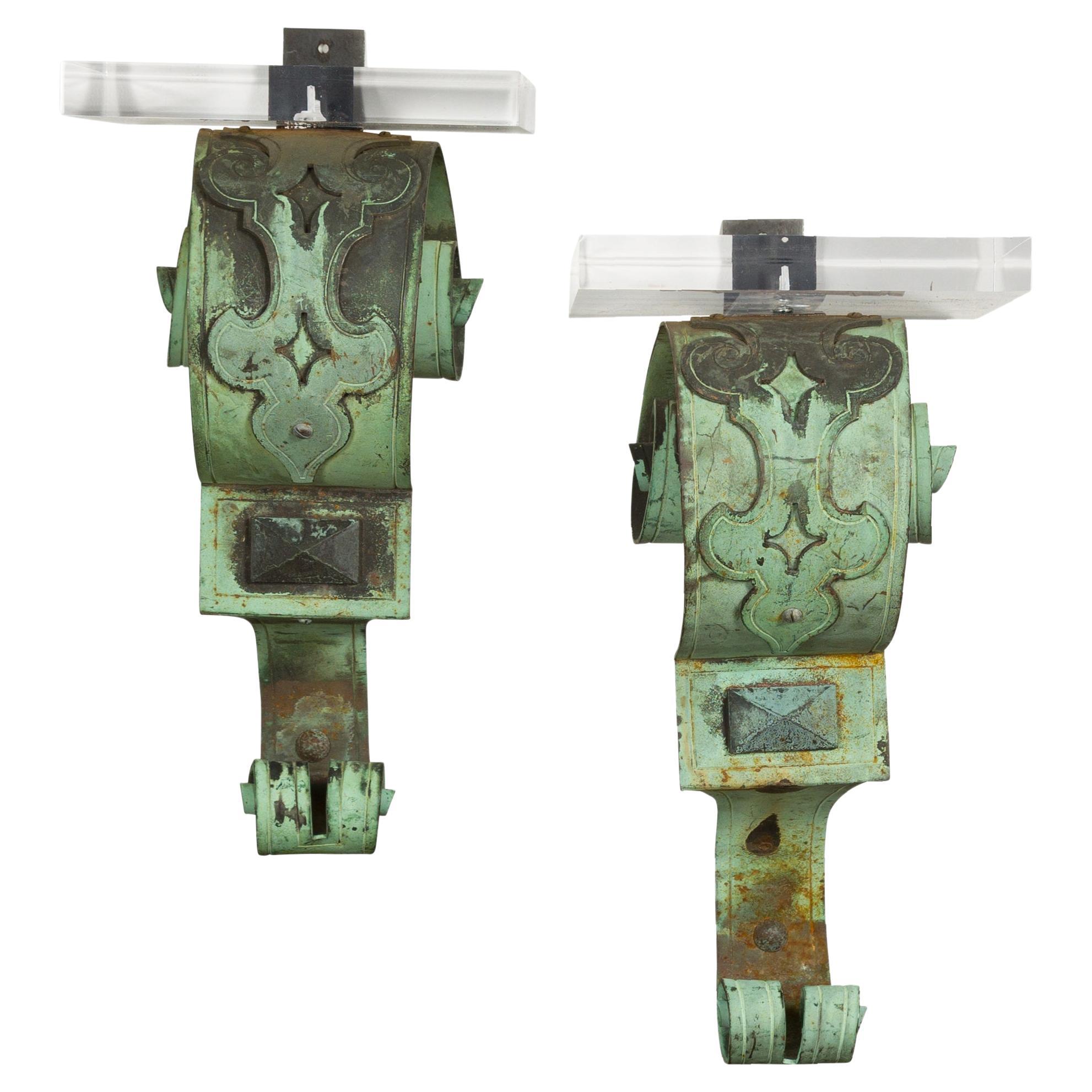 19th Century English Bronze Verdigris Wall Brackets with Lucite Tops, a Pair For Sale