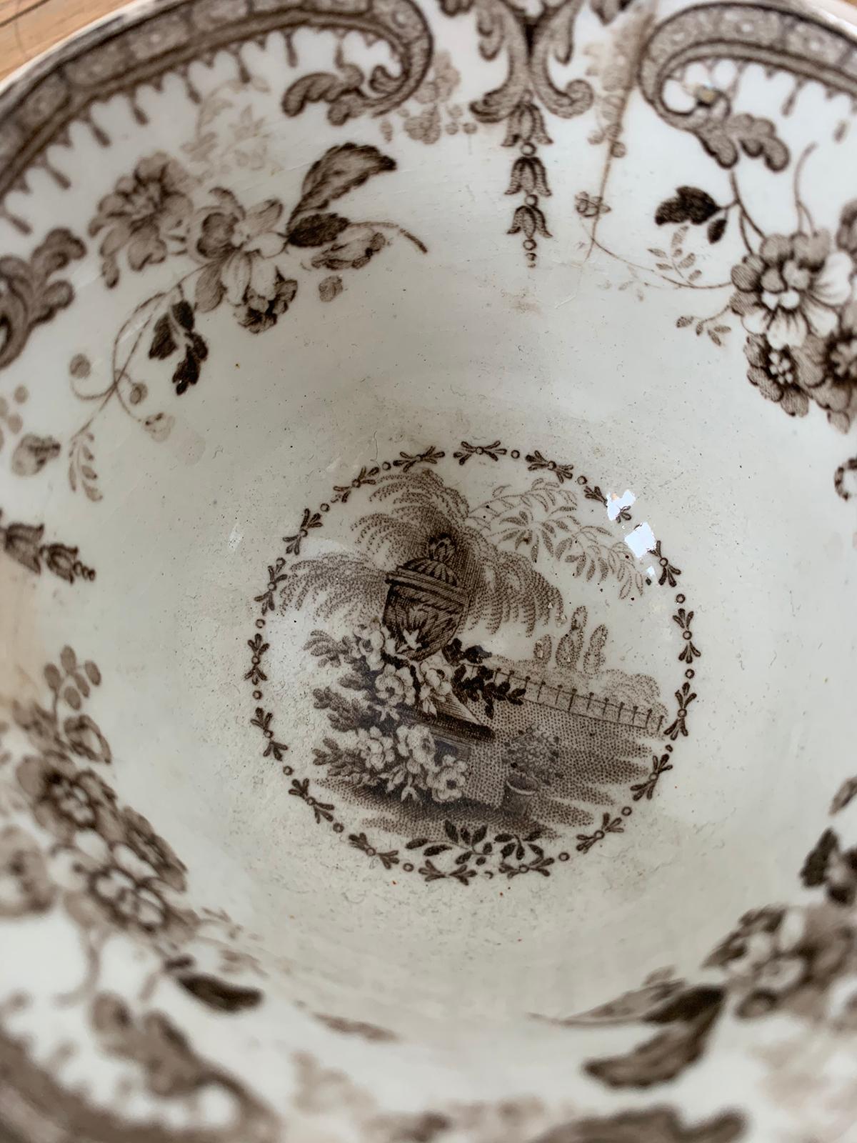 19th Century English Brown Transferware Porcelain Cup & Saucer with Factory Mark For Sale 8