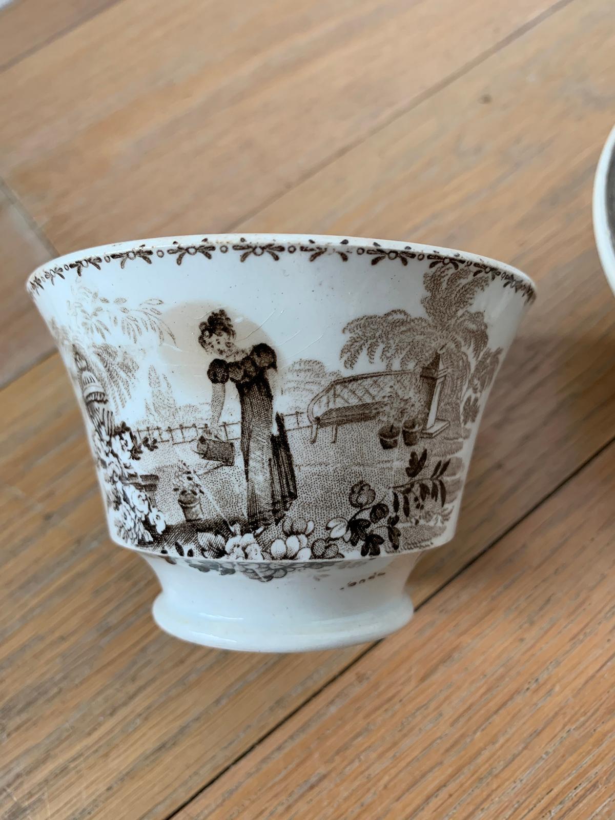 19th Century English Brown Transferware Porcelain Cup & Saucer with Factory Mark For Sale 10