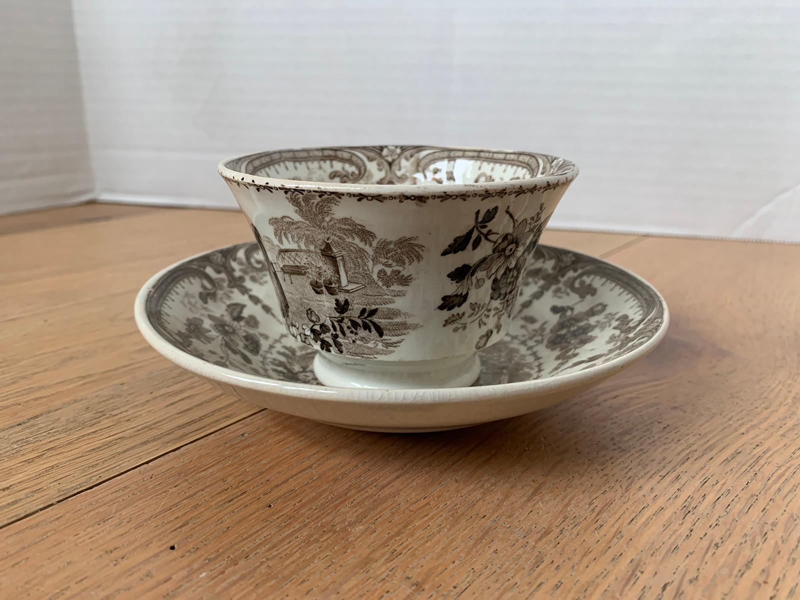 19th century English brown transferware porcelain cup and saucer with opaque China factory mark.