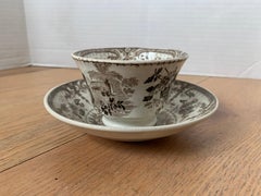 19th Century English Brown Transferware Porcelain Cup & Saucer with Factory Mark