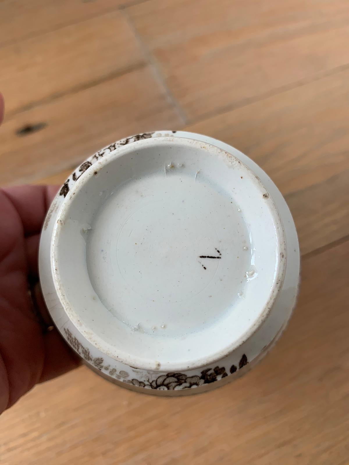 19th Century English Brown Transferware Porcelain Cup & Saucer with Factory Mark In Good Condition For Sale In Atlanta, GA