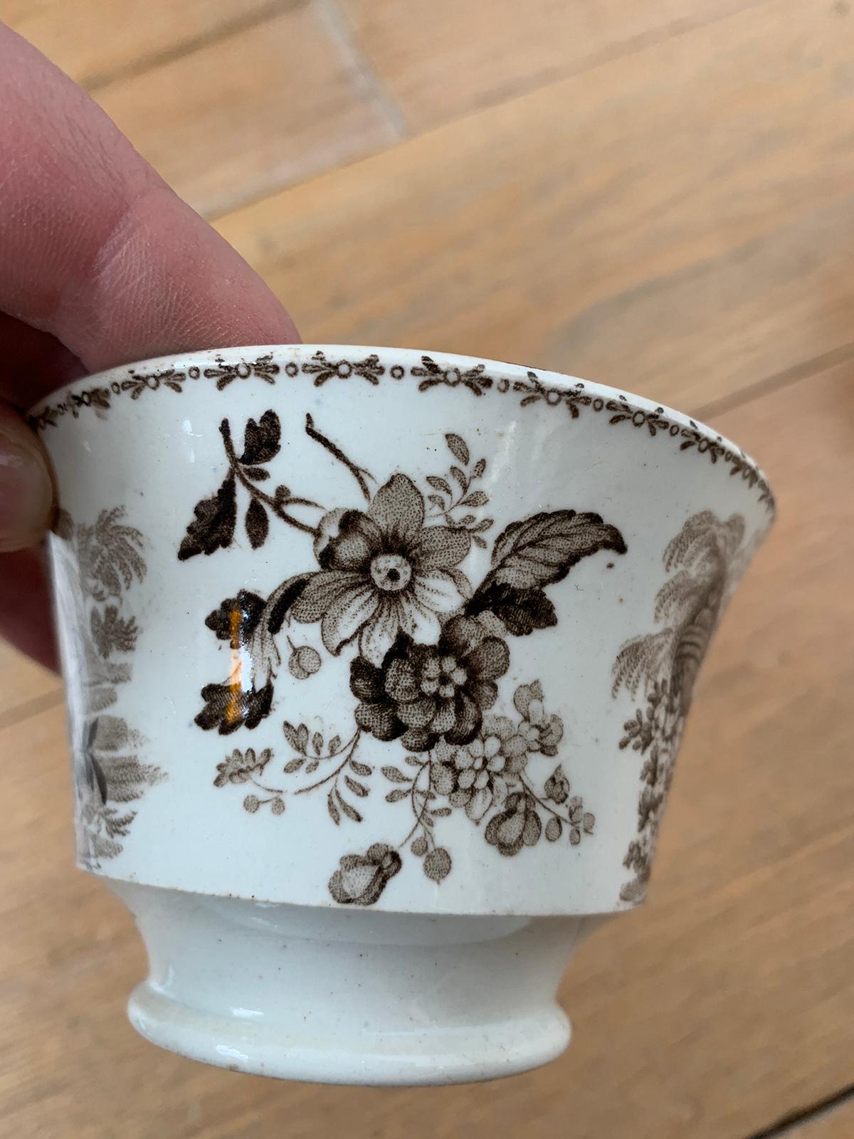 19th Century English Brown Transferware Porcelain Cup & Saucer with Factory Mark For Sale 1