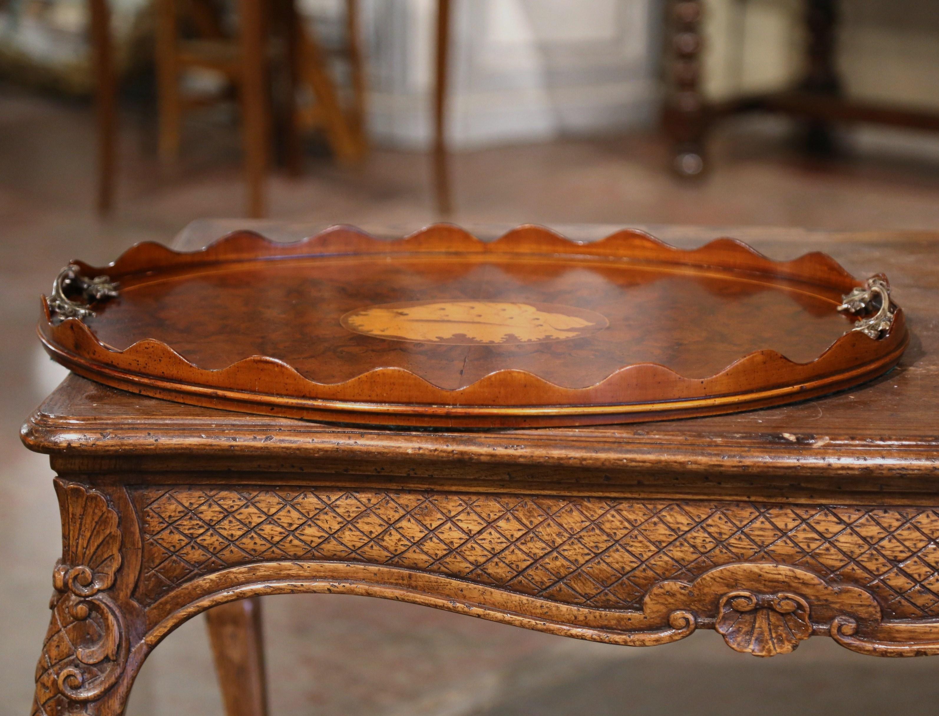 Inlay 19th Century English Burl Walnut and Bronze Tray Table with Inlaid Shell Decor For Sale
