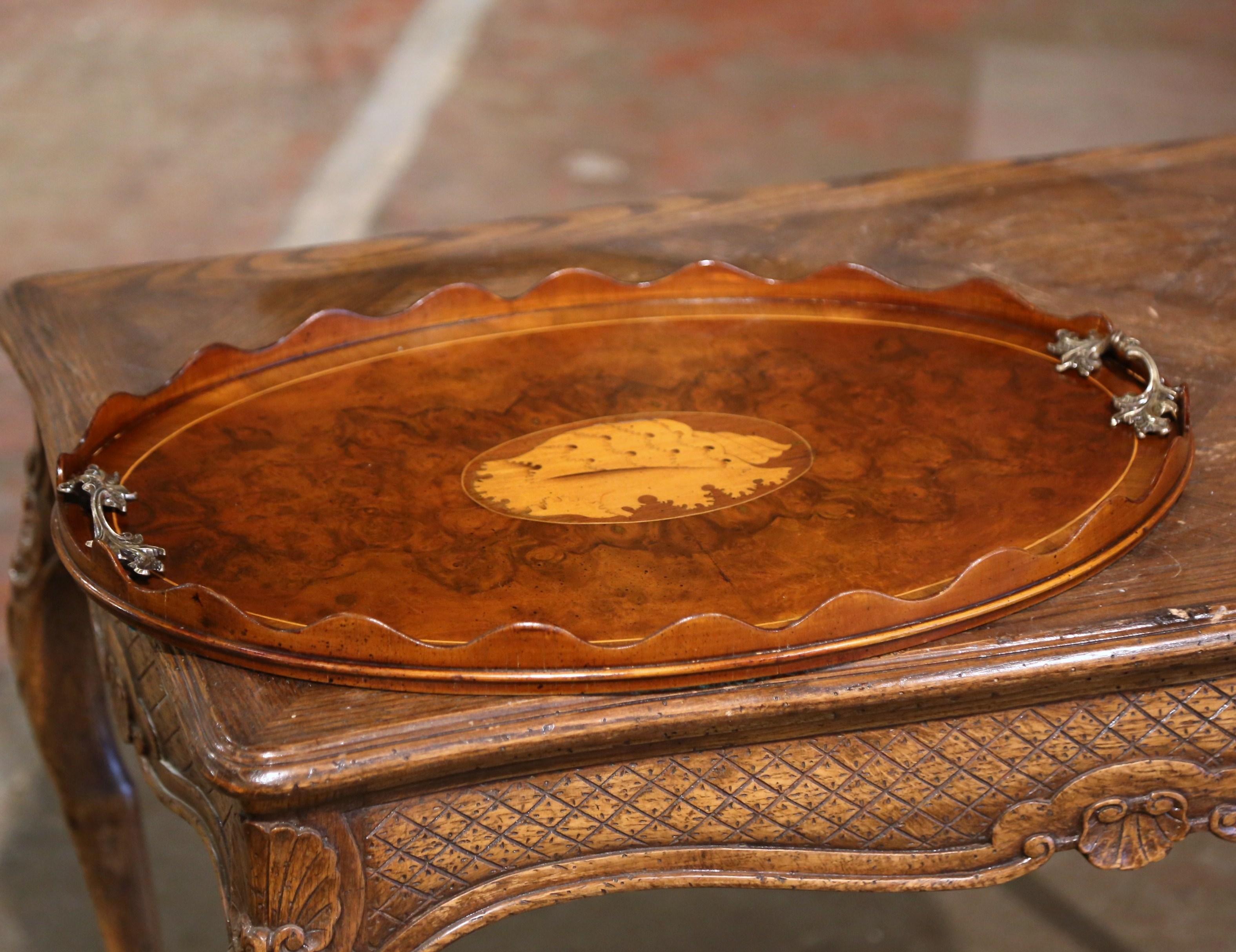 19th Century English Burl Walnut and Bronze Tray Table with Inlaid Shell Decor For Sale 2