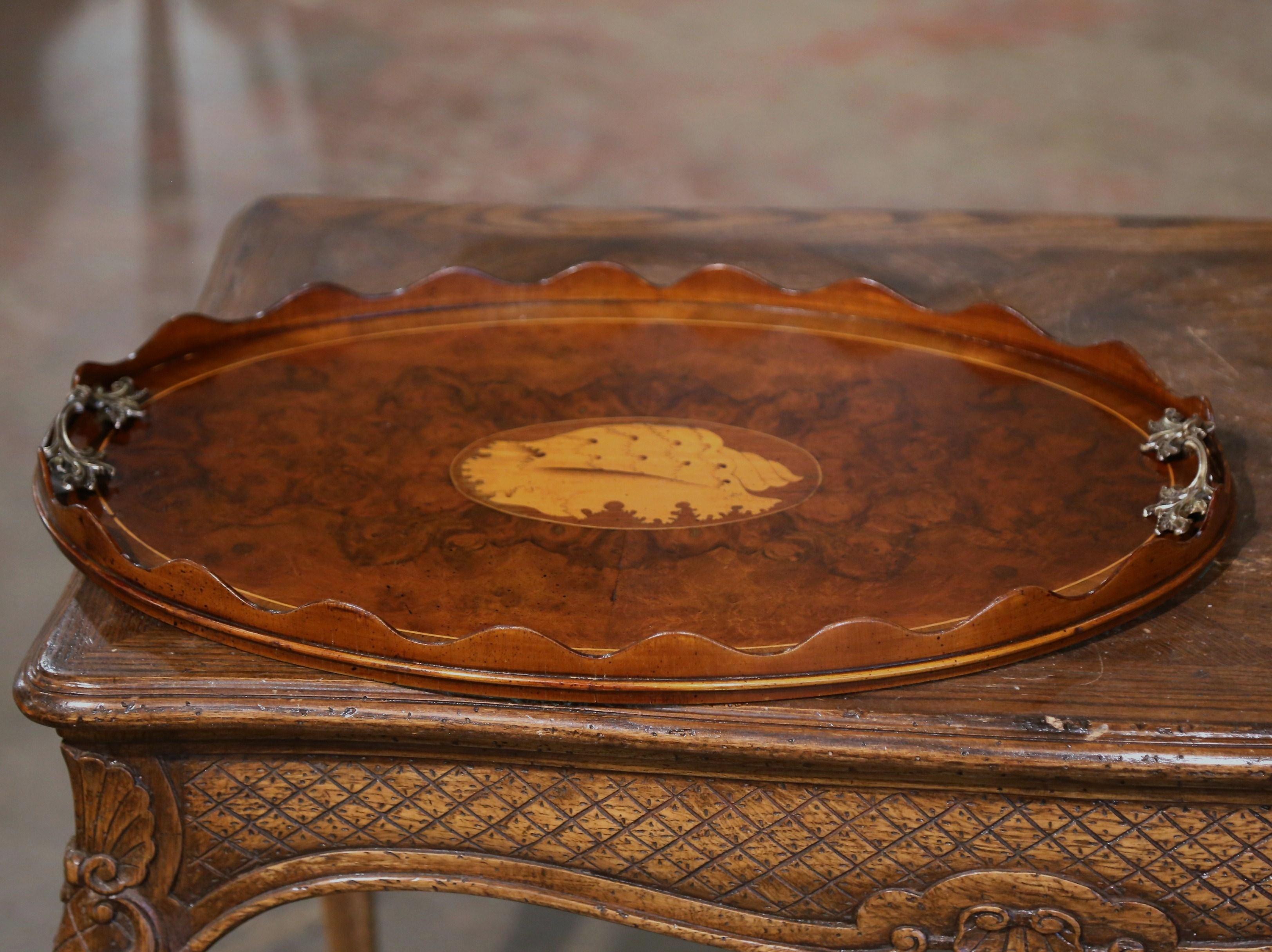 19th Century English Burl Walnut and Bronze Tray Table with Inlaid Shell Decor For Sale 3