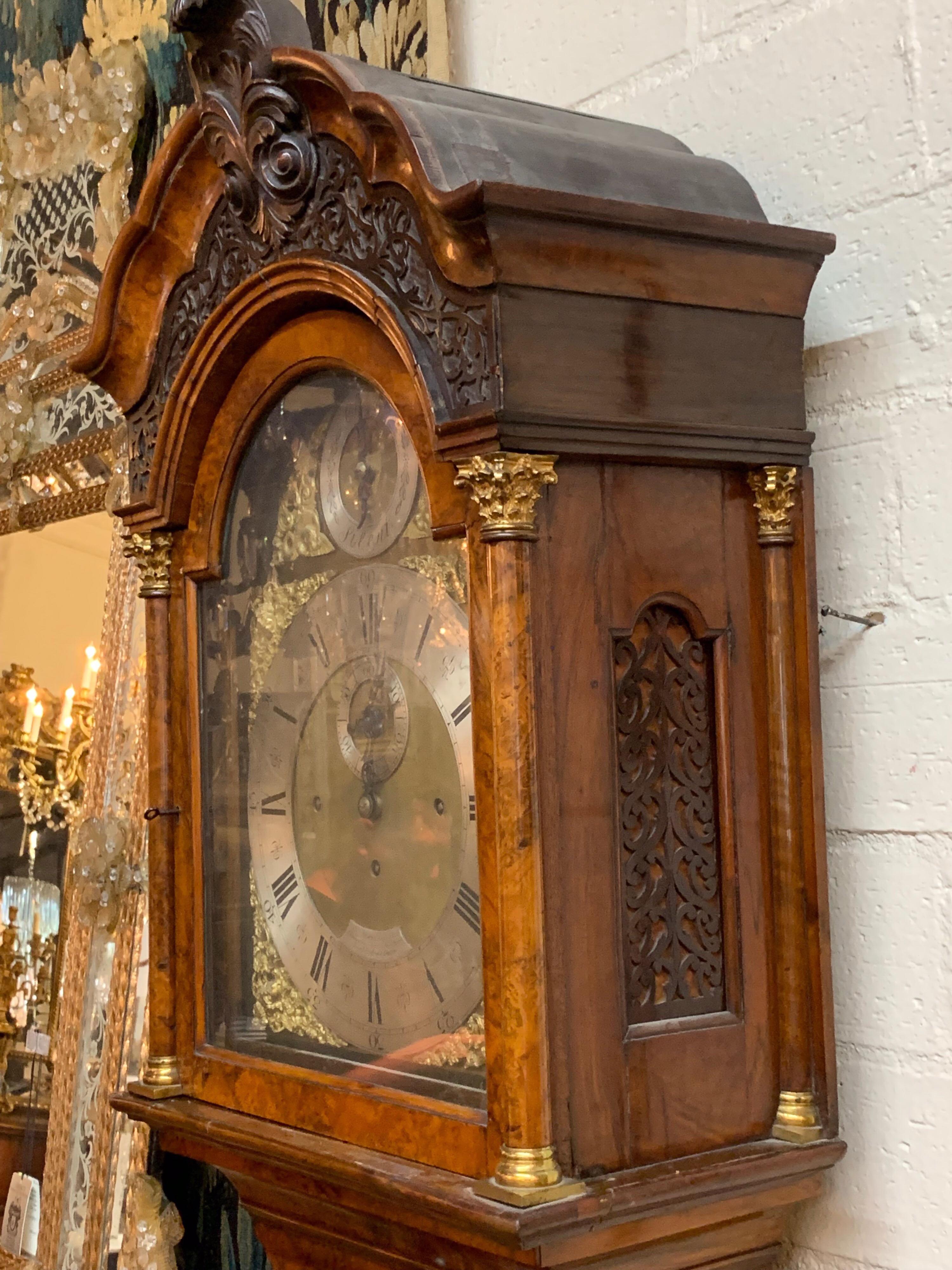 Inlay 19th Century English Burl Walnut Inlaid Grandfather Clock