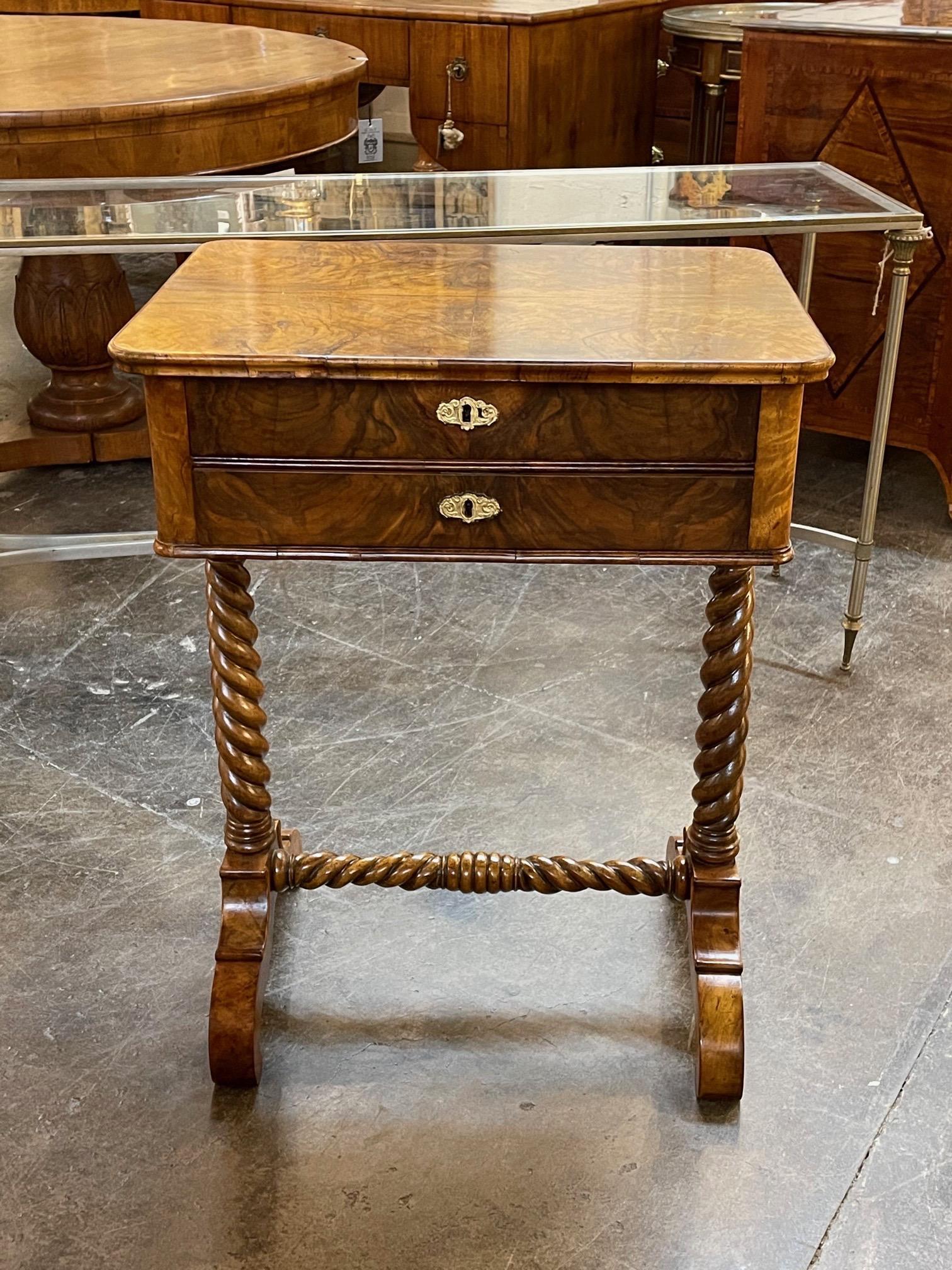 Very nice 19th century English burl walnut 2 drawer side table with barley twist legs. Beautiful finish on this piece! A great addition for a fine home.
