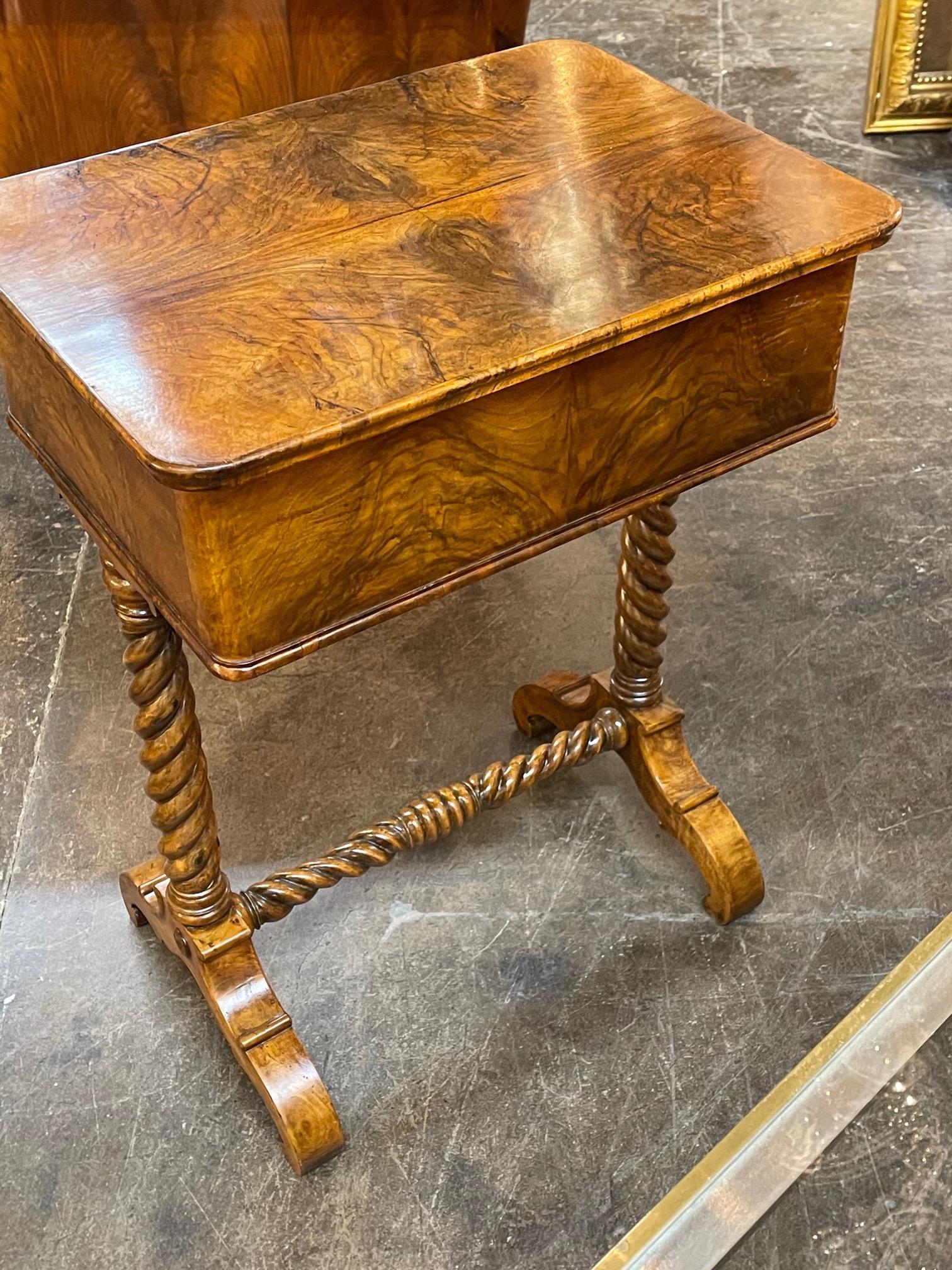 19th Century English Burl Walnut Side Table with Barley Twist Legs 4