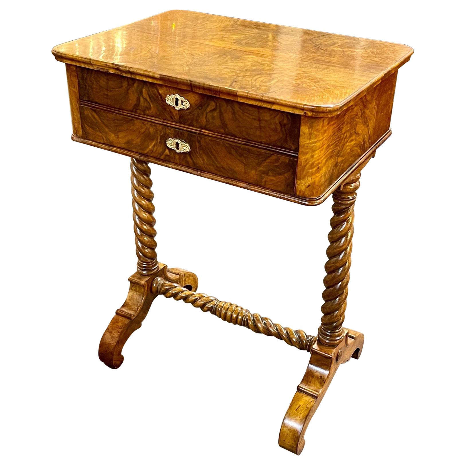 19th Century English Burl Walnut Side Table with Barley Twist Legs