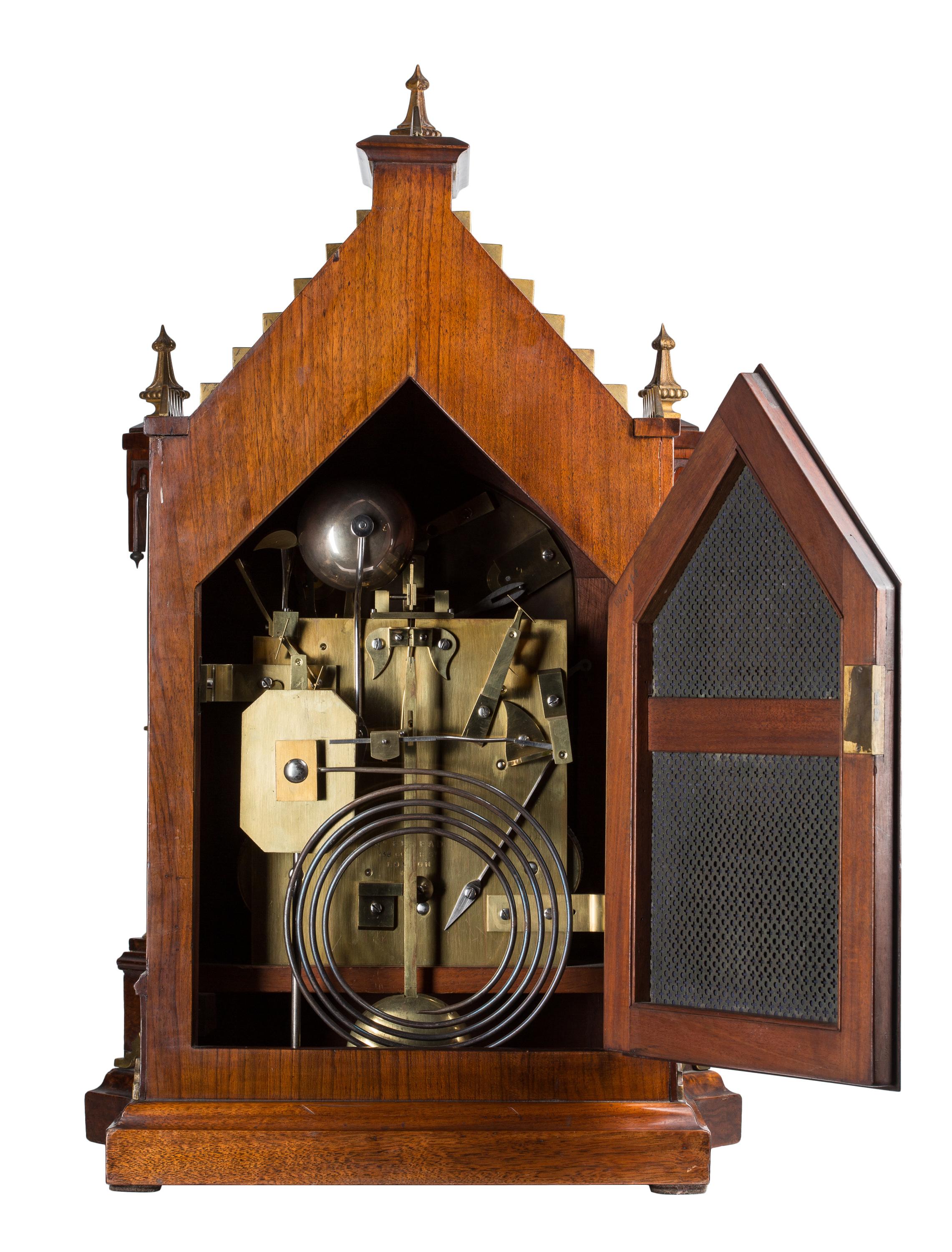 19th Century English Burl Wood Cathedral Style Victorian Gothic Mantel Clock 1