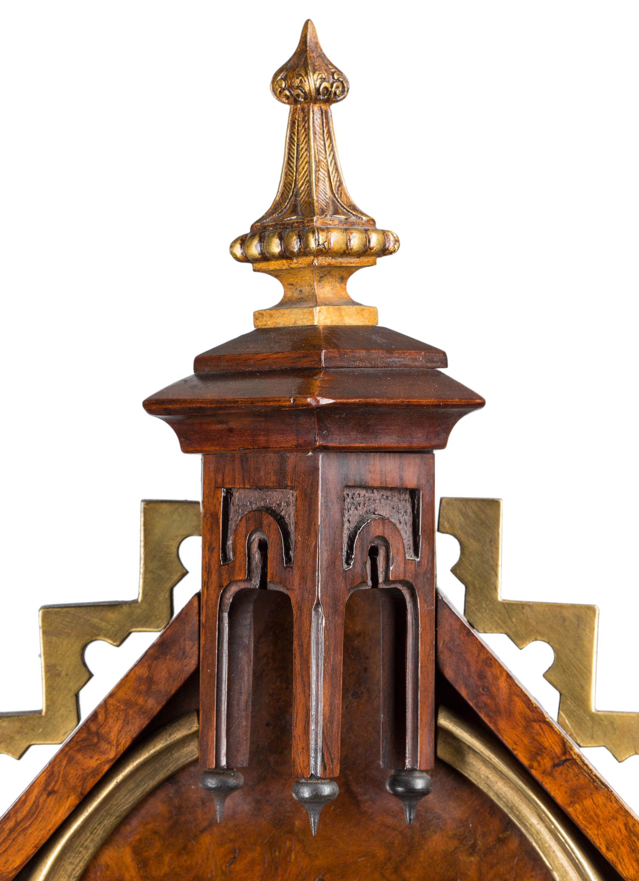 Gothic Revival 19th Century English Burl Wood Cathedral Style Victorian Gothic Mantel Clock