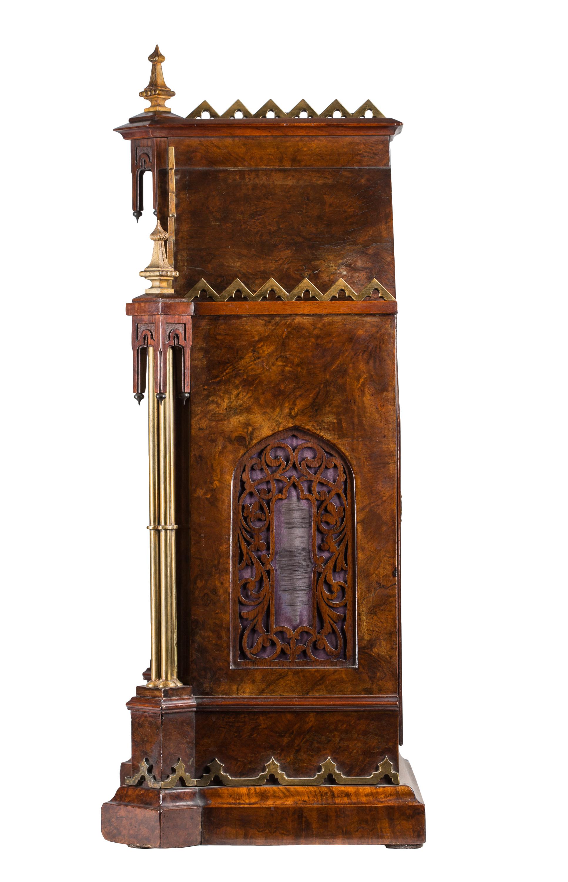 Carved 19th Century English Burl Wood Cathedral Style Victorian Gothic Mantel Clock