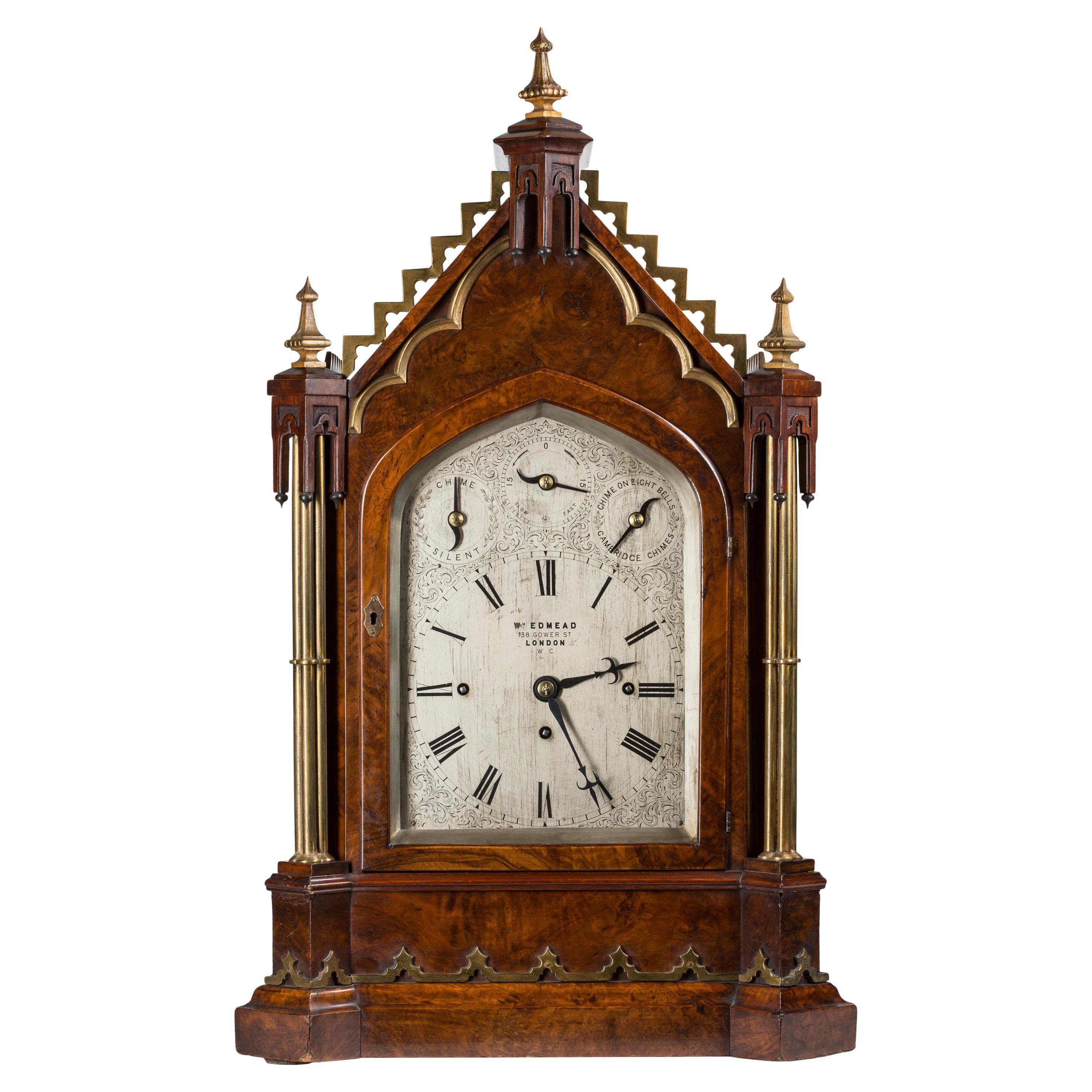 19th Century English Burl Wood Cathedral Style Victorian Gothic Mantel Clock