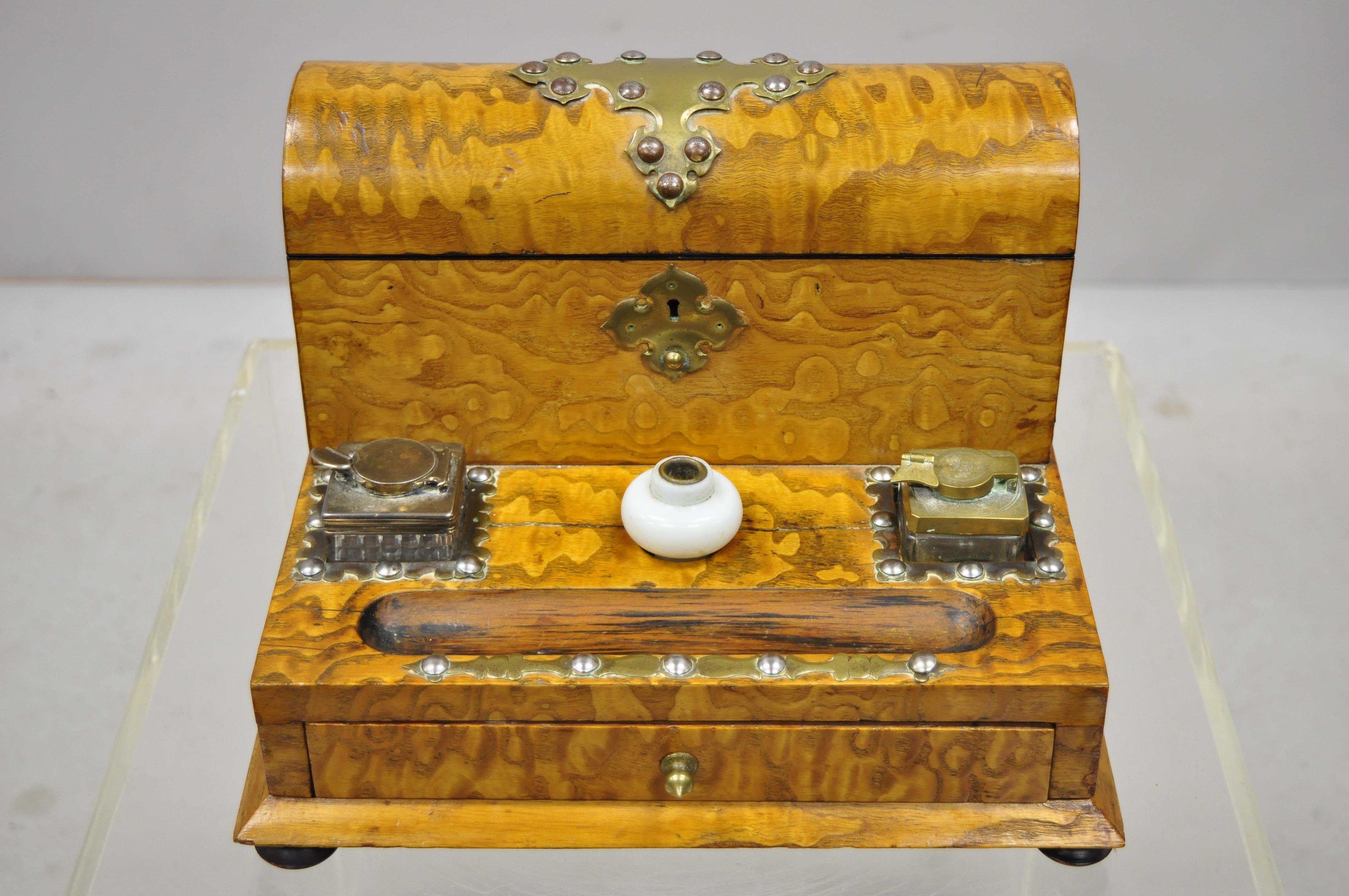 19th century English burl wood and rosewood Parkins & Gotto inkwell desk letterbox. Item includes a brass ormolu, glass inkwells, bun feet, beautiful wood grain, original label, no key, but unlocked, 1 dovetailed drawer, very nice antique item,