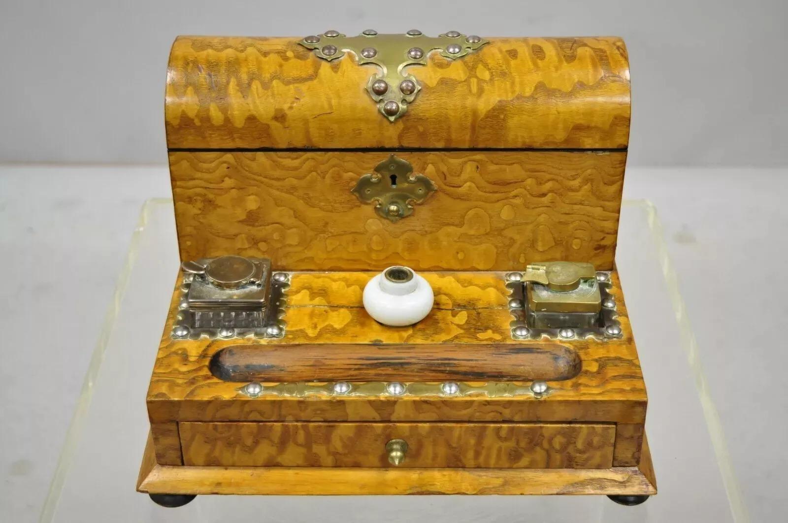 19th Century English Burl Wood & Rosewood Parkins & Gotto Inkwell Desk Letterbox. Item features a brass ormolu, glass inkwells, bun feet, beautiful wood grain, original label, no key, but unlocked, 1 dovetailed drawer, very nice antique item. Circa