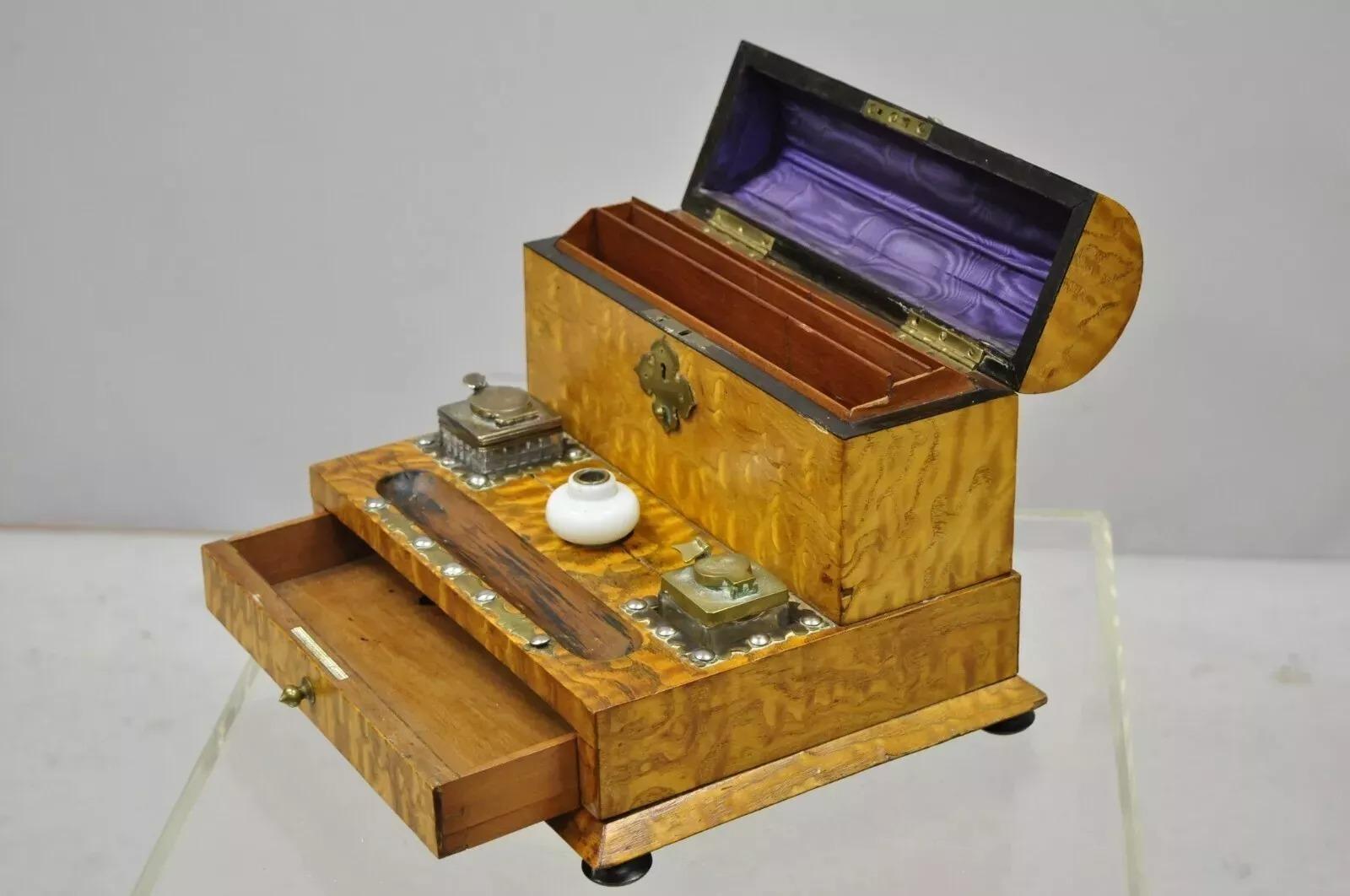 Unknown 19th Century English Burl Wood & Rosewood Parkins & Gotto Inkwell Desk Letterbox For Sale