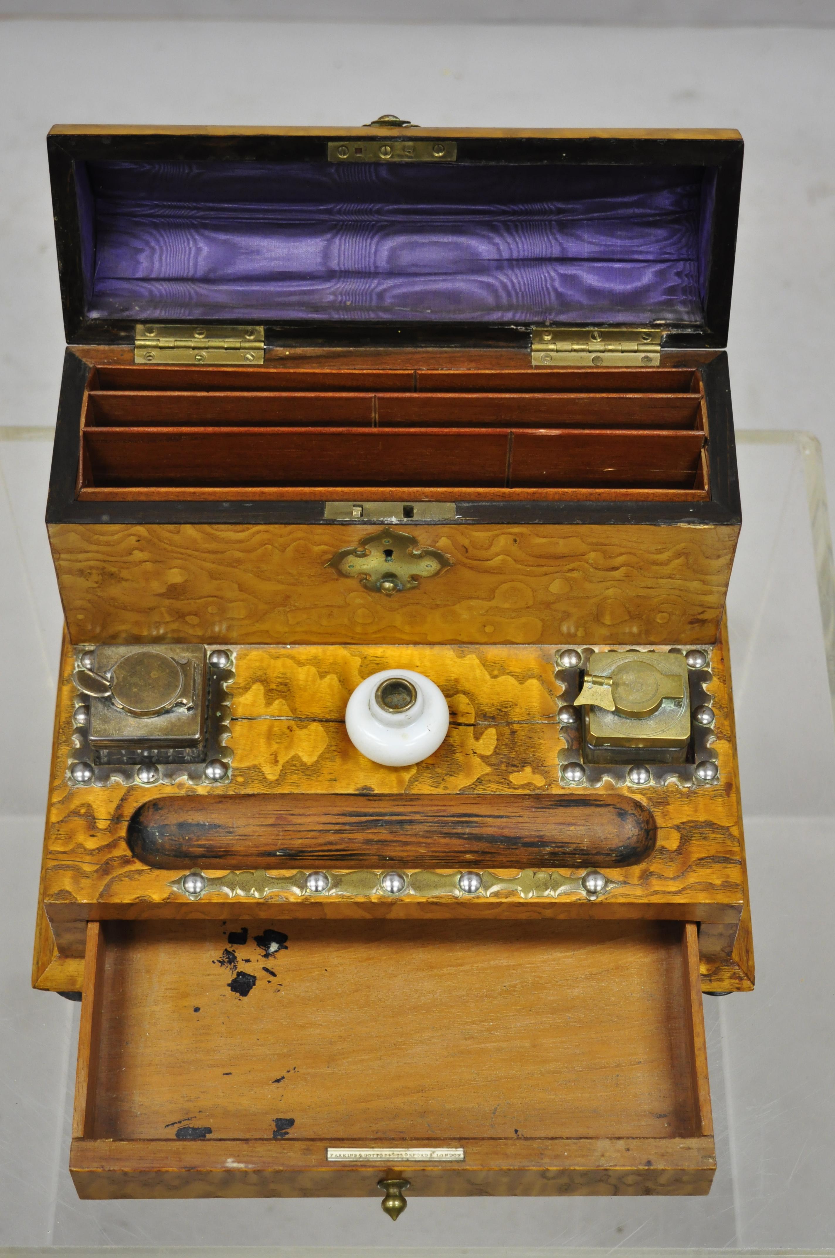 Regency 19th Century English Burl Wood & Rosewood Parkins & Gotto Inkwell Desk Letterbox For Sale