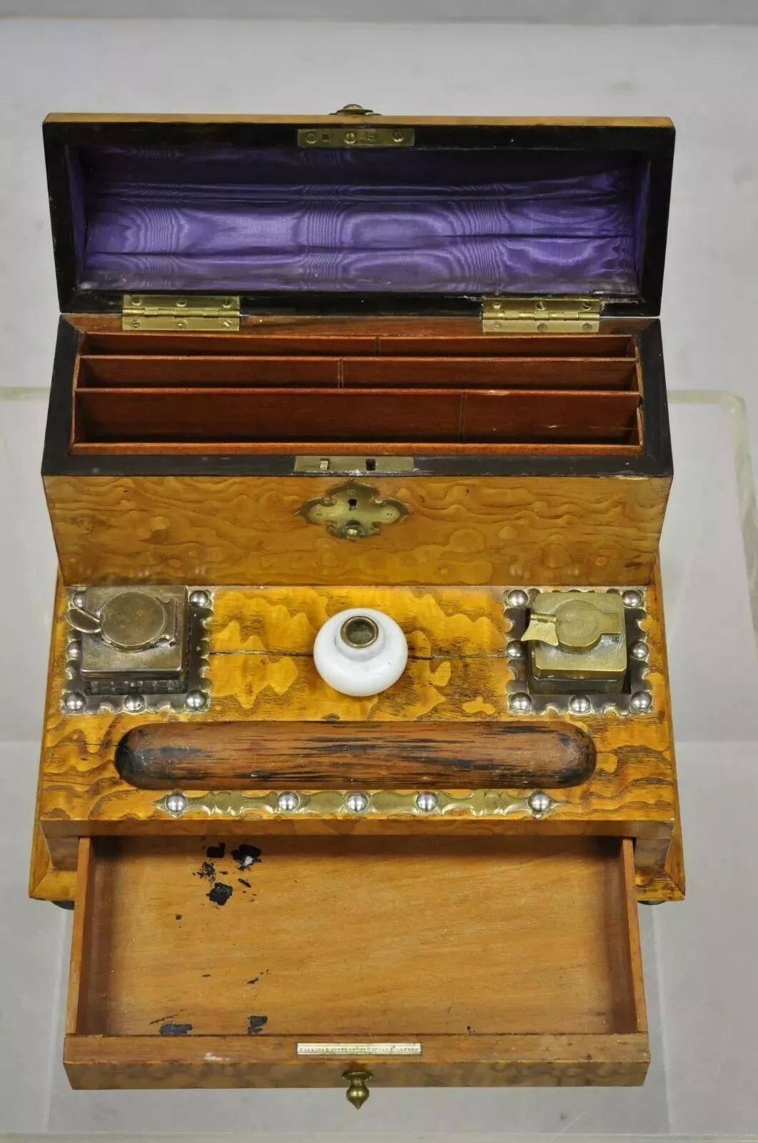 19th Century English Burl Wood & Rosewood Parkins & Gotto Inkwell Desk Letterbox For Sale 1