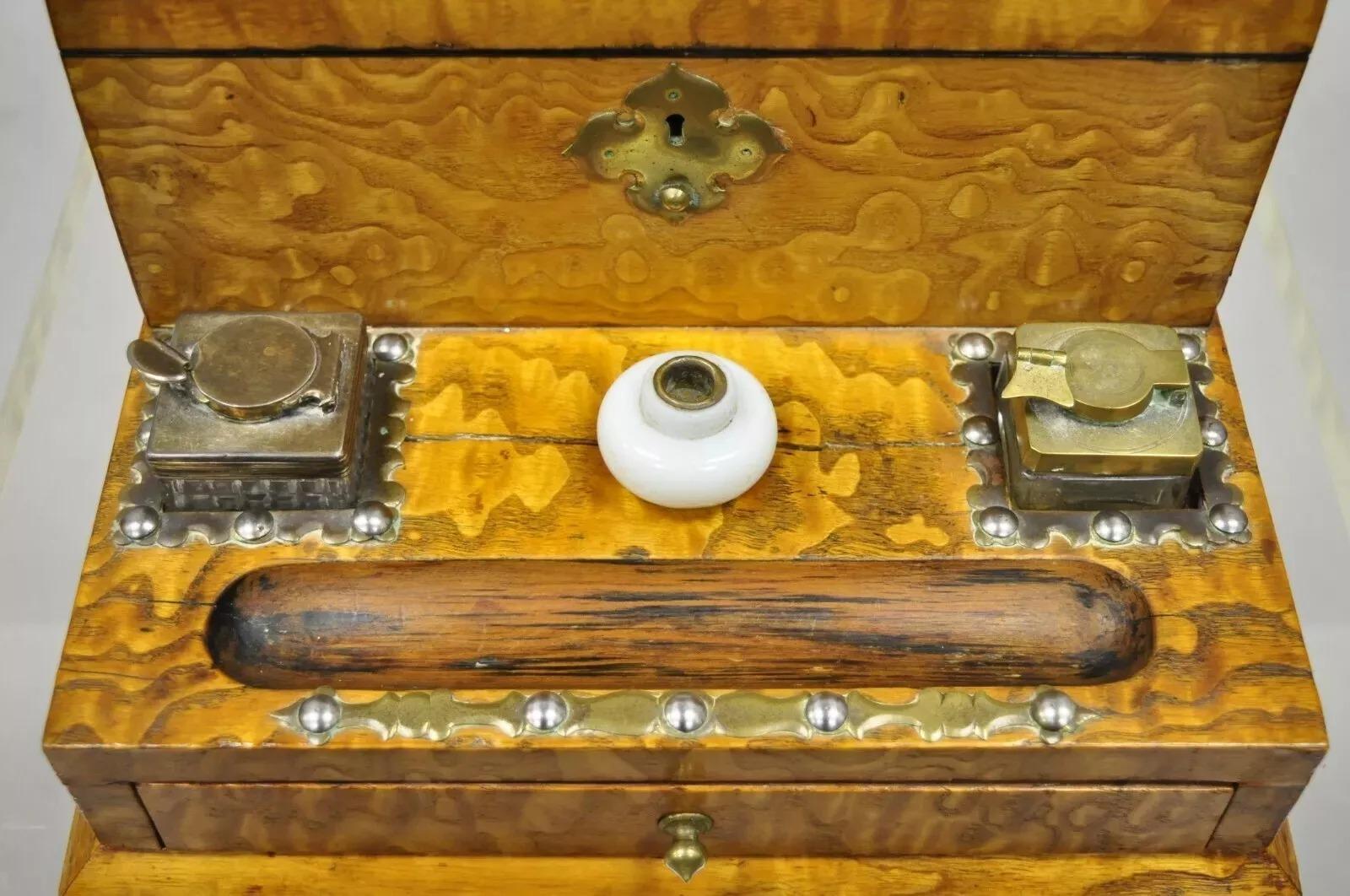 19th Century English Burl Wood & Rosewood Parkins & Gotto Inkwell Desk Letterbox For Sale 2