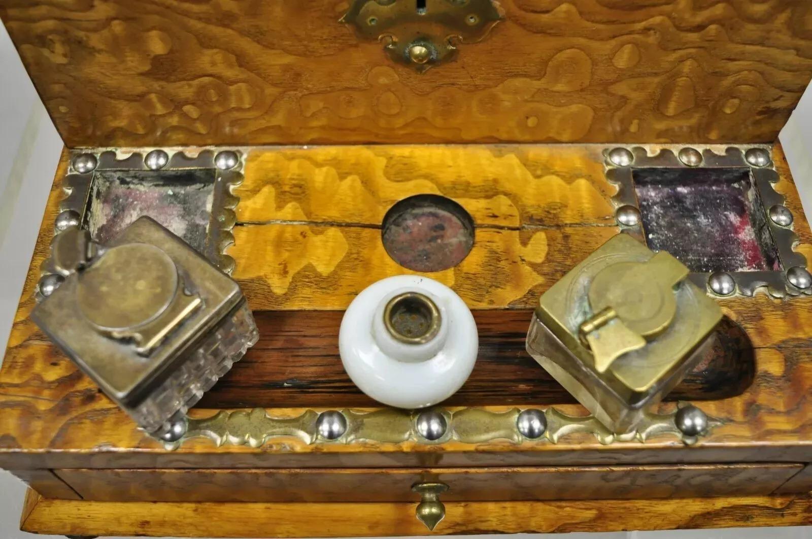 19th Century English Burl Wood & Rosewood Parkins & Gotto Inkwell Desk Letterbox For Sale 3