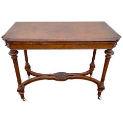 19th Century English Burr Walnut Fold over Games Table with Red Baize Interior