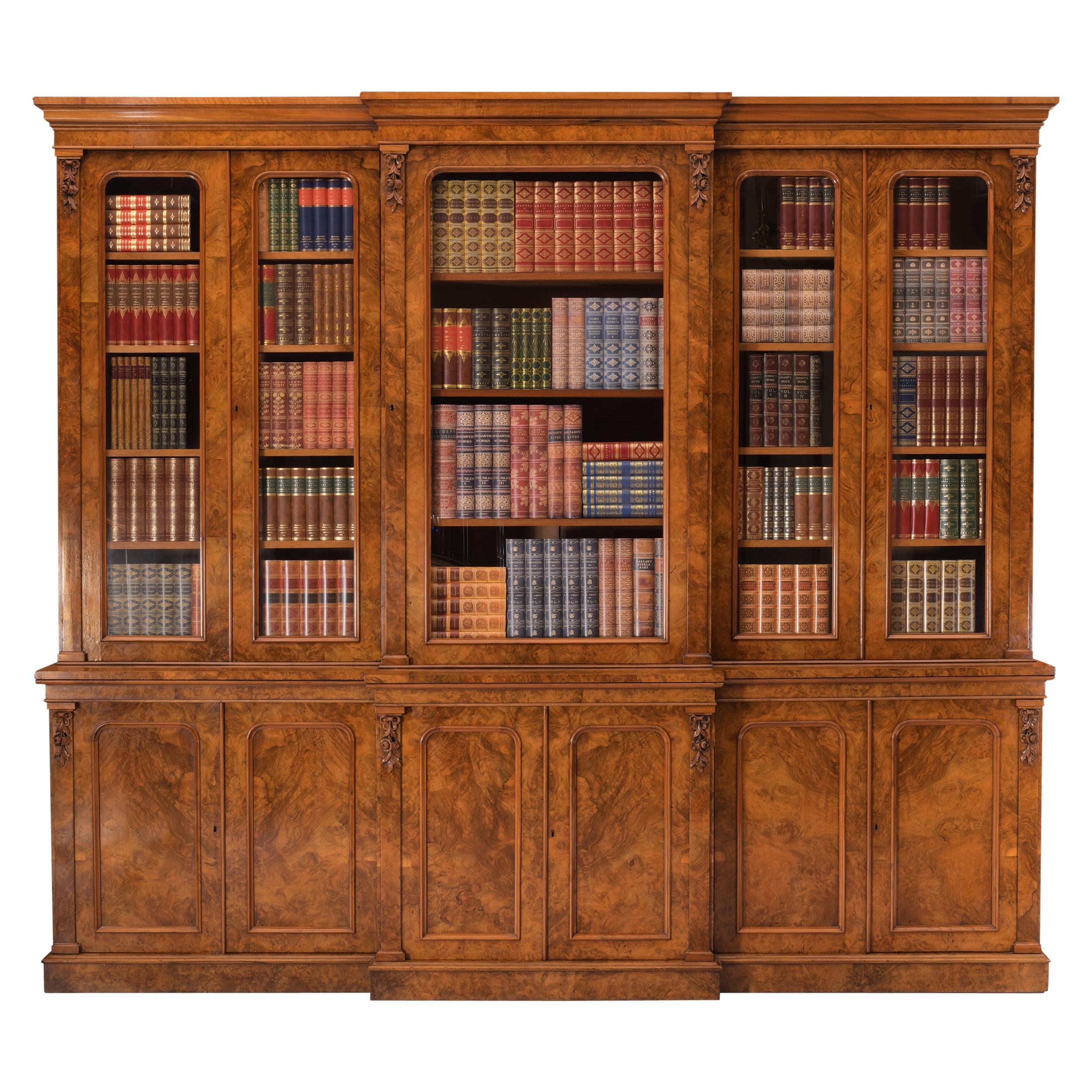 19th Century English Burr Walnut Library Breakfront Bookcase