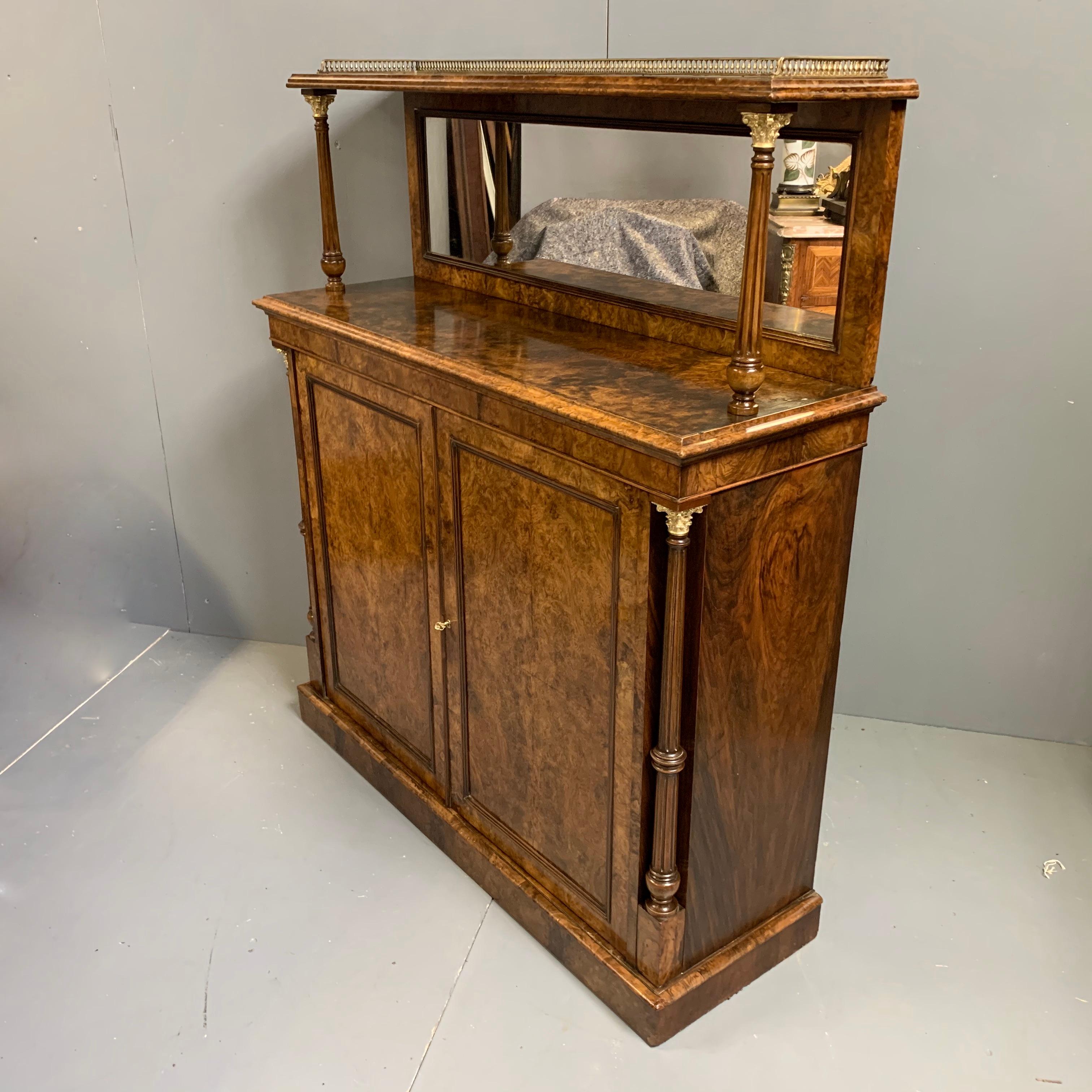 Victorian 19th Century English Burr Walnut Mirror Back Sideboard with Brass Gallery Top