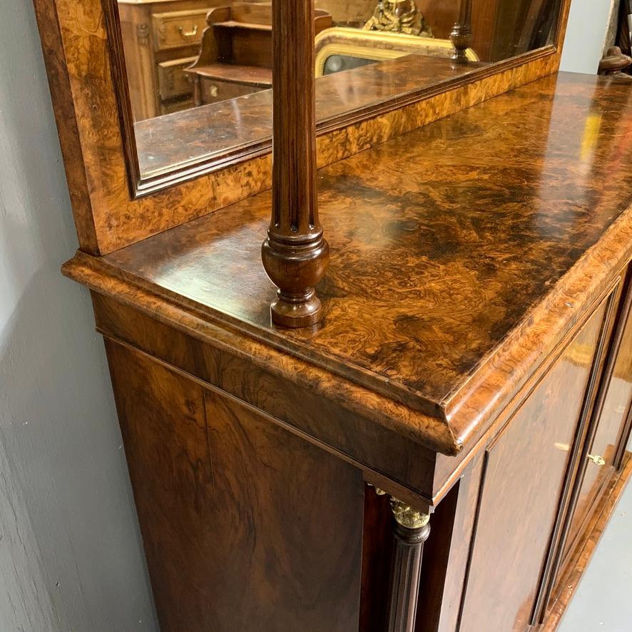 19th Century English Burr Walnut Mirror Back Sideboard with Brass Gallery Top 2