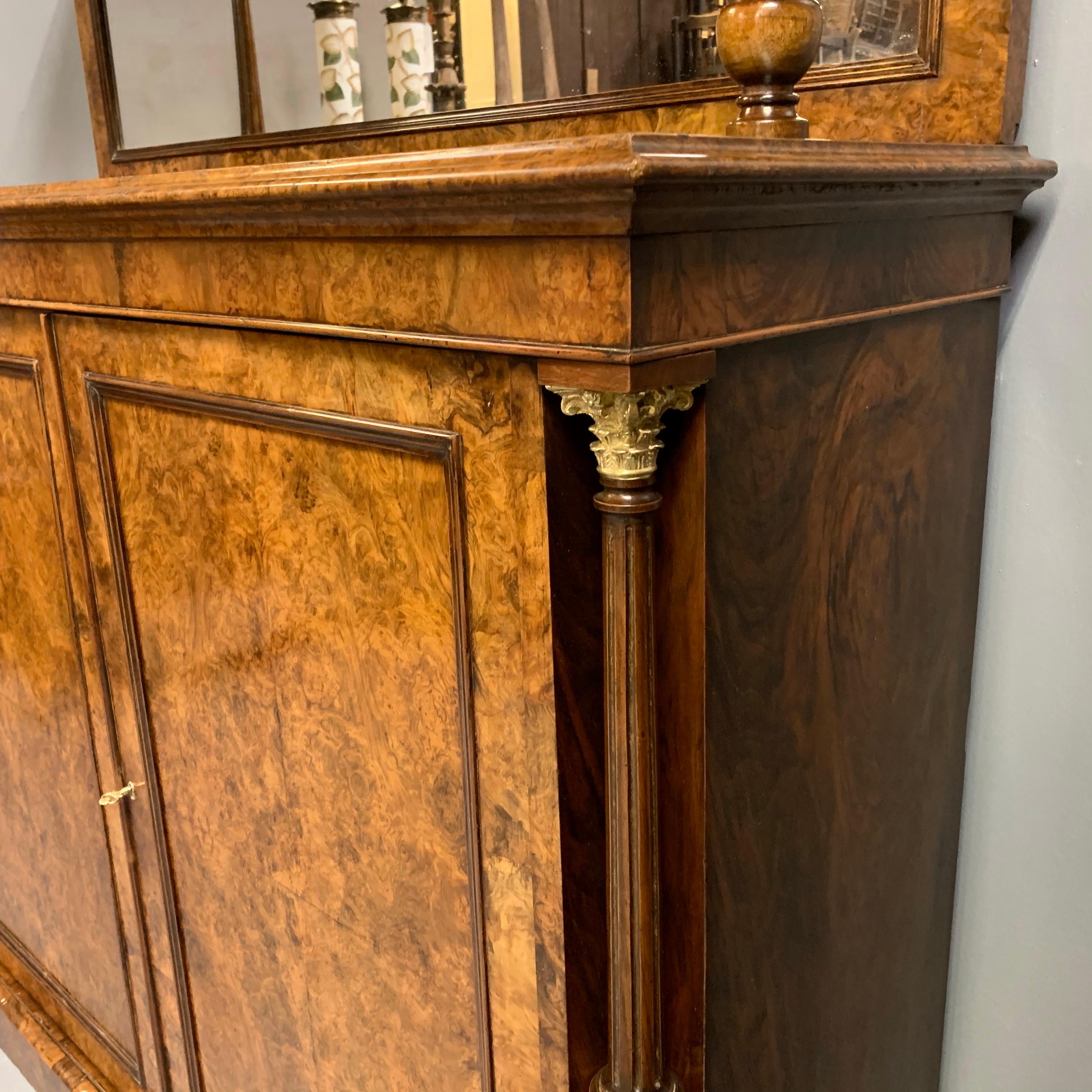 19th Century English Burr Walnut Mirror Back Sideboard with Brass Gallery Top 3
