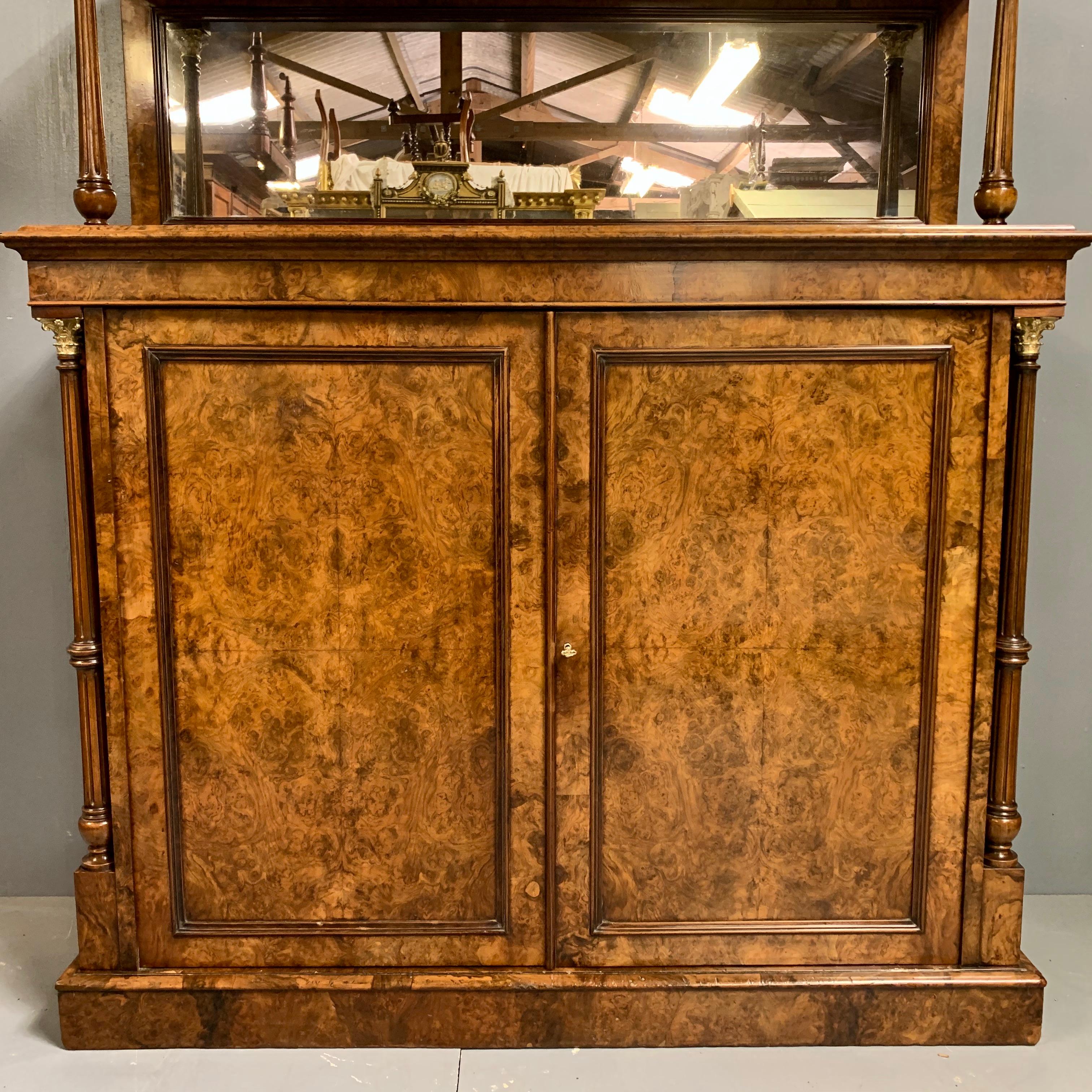 19th Century English Burr Walnut Mirror Back Sideboard with Brass Gallery Top 4