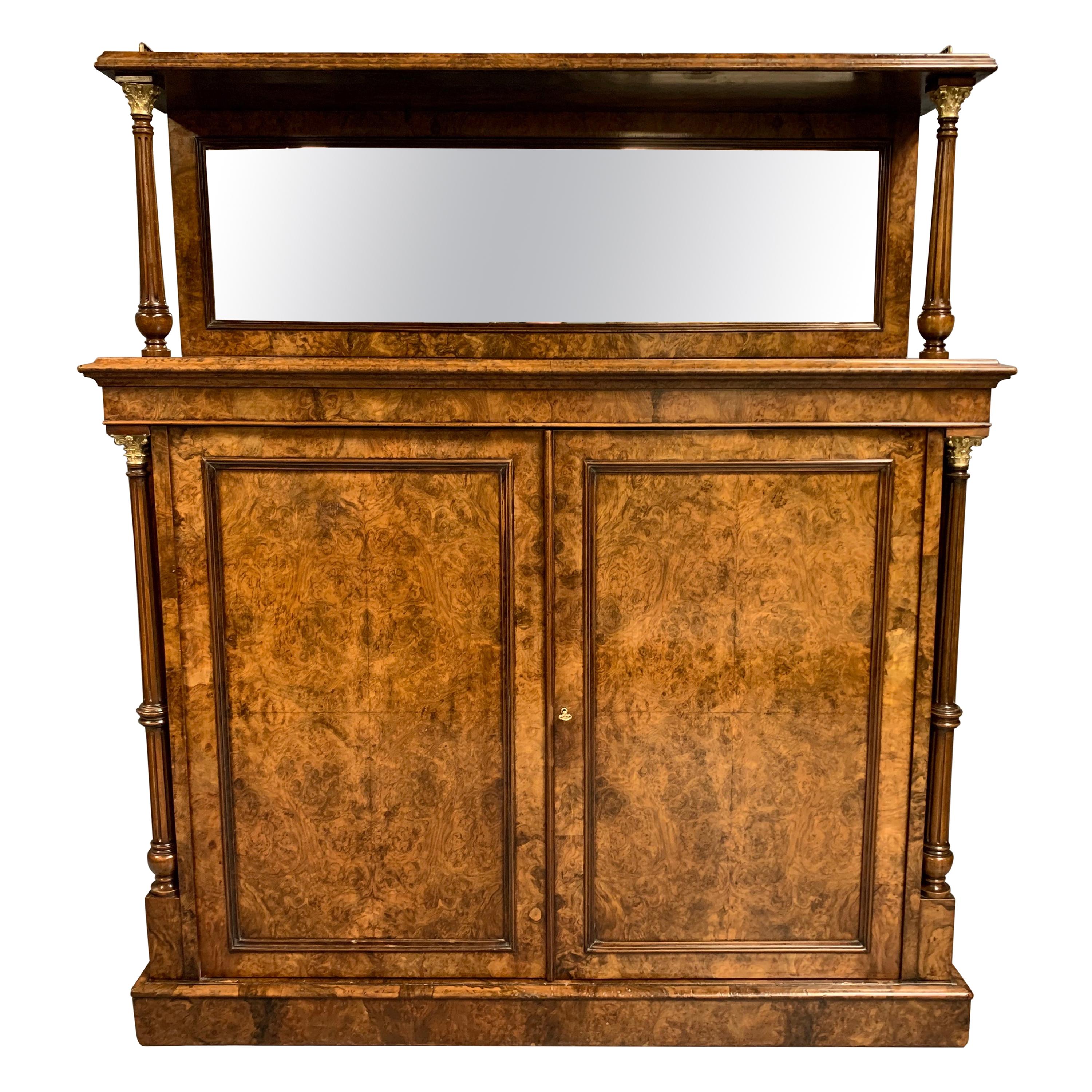 19th Century English Burr Walnut Mirror Back Sideboard with Brass Gallery Top