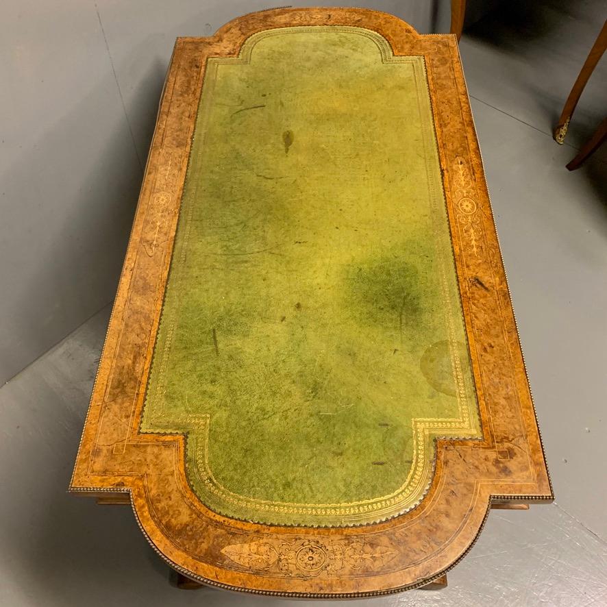 19th Century English Burr Walnut Writing Table with Sage Green Leather Top 6