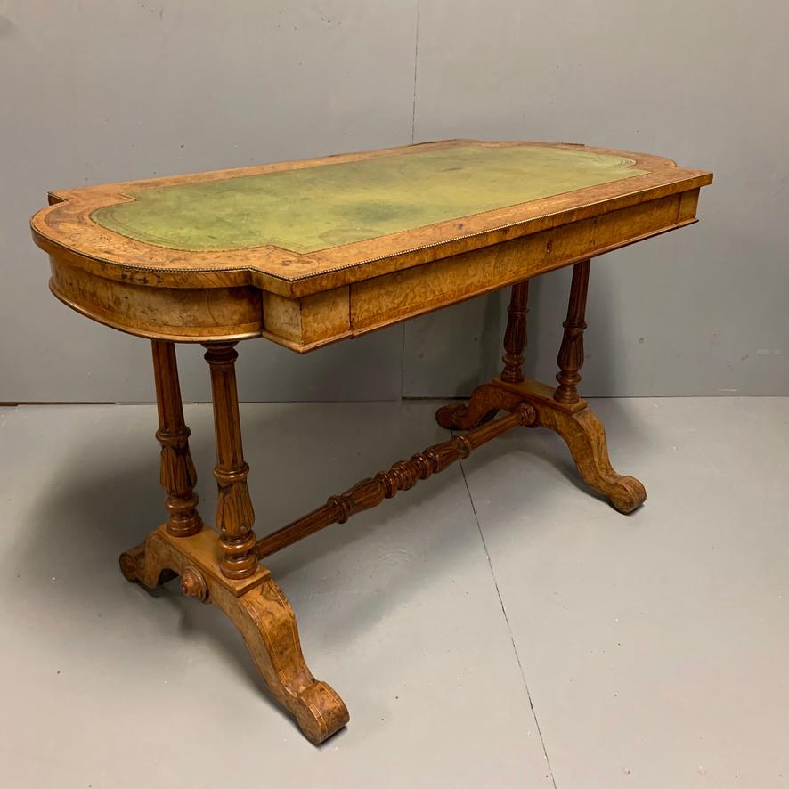 Victorian 19th Century English Burr Walnut Writing Table with Sage Green Leather Top