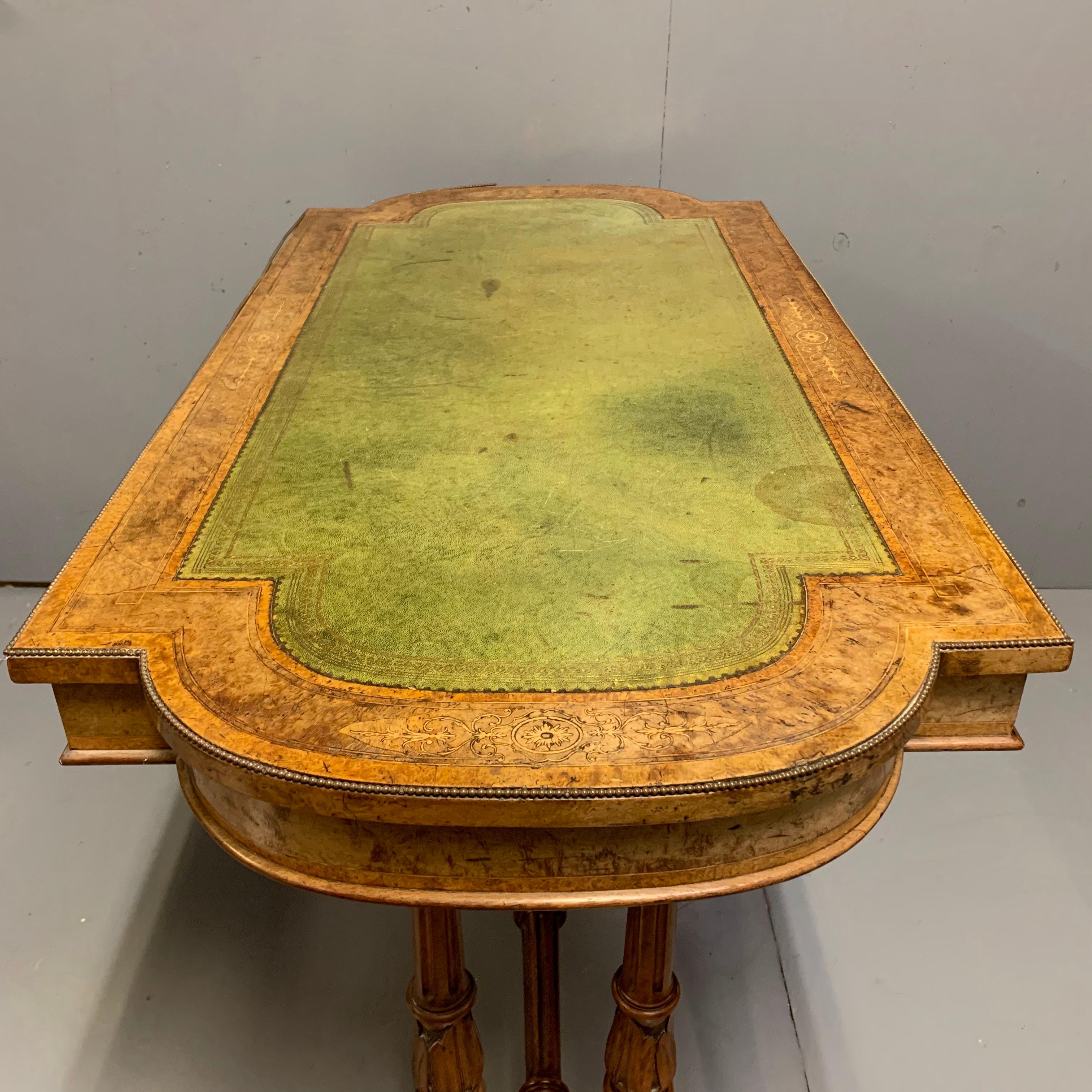 Brass 19th Century English Burr Walnut Writing Table with Sage Green Leather Top