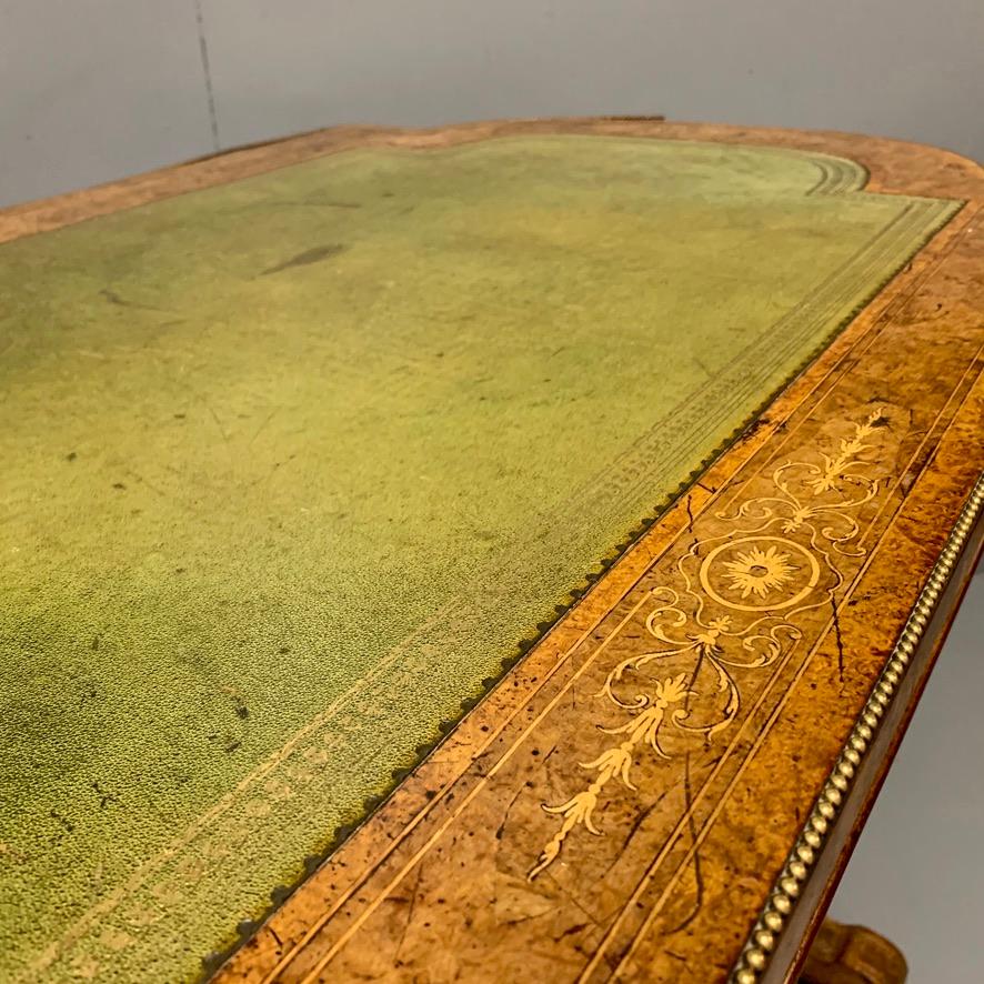 19th Century English Burr Walnut Writing Table with Sage Green Leather Top 1