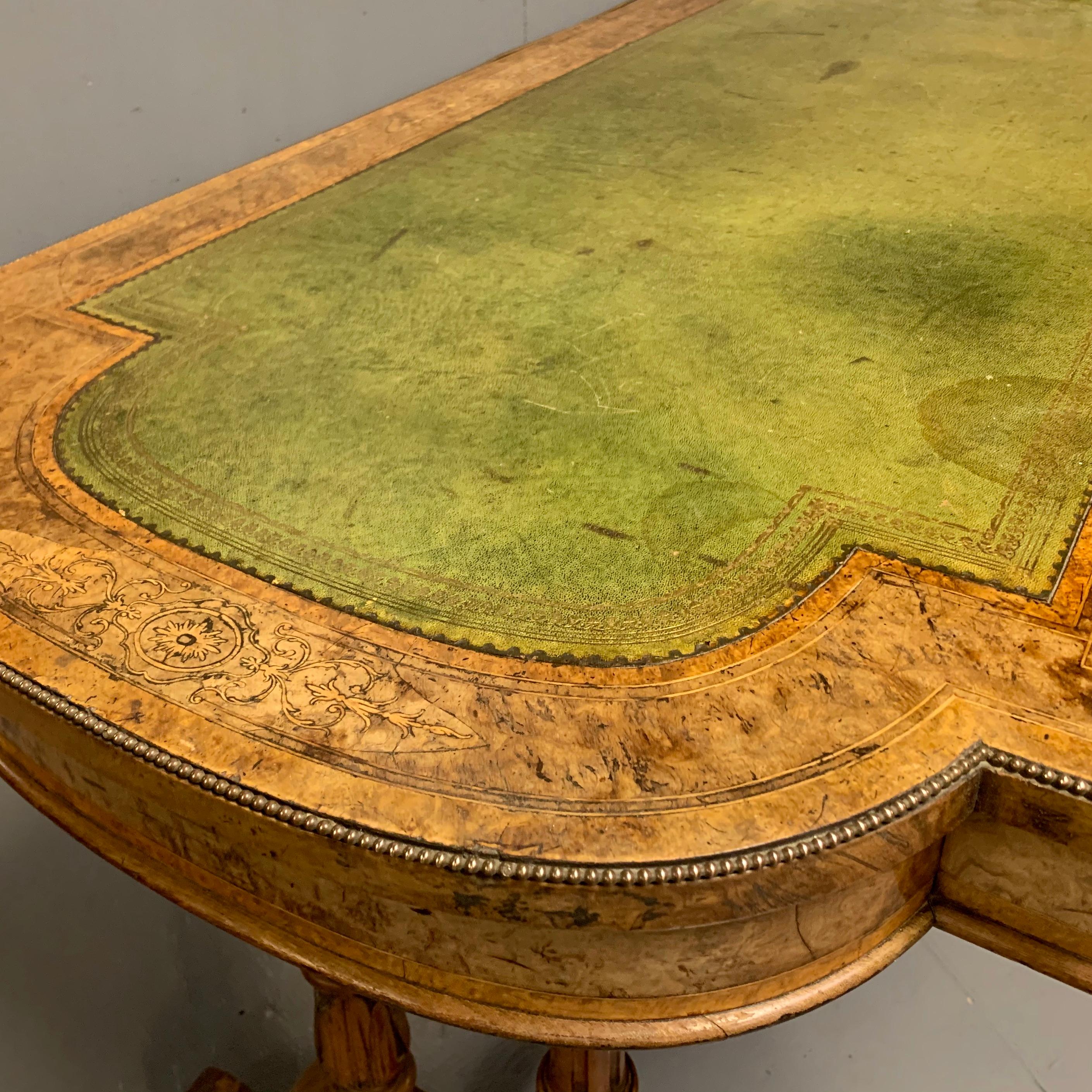 19th Century English Burr Walnut Writing Table with Sage Green Leather Top 2