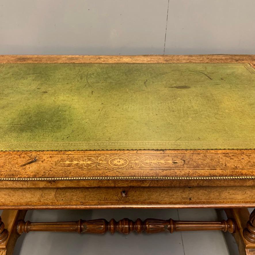 19th Century English Burr Walnut Writing Table with Sage Green Leather Top 3