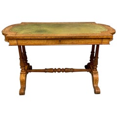 19th Century English Burr Walnut Writing Table with Sage Green Leather Top