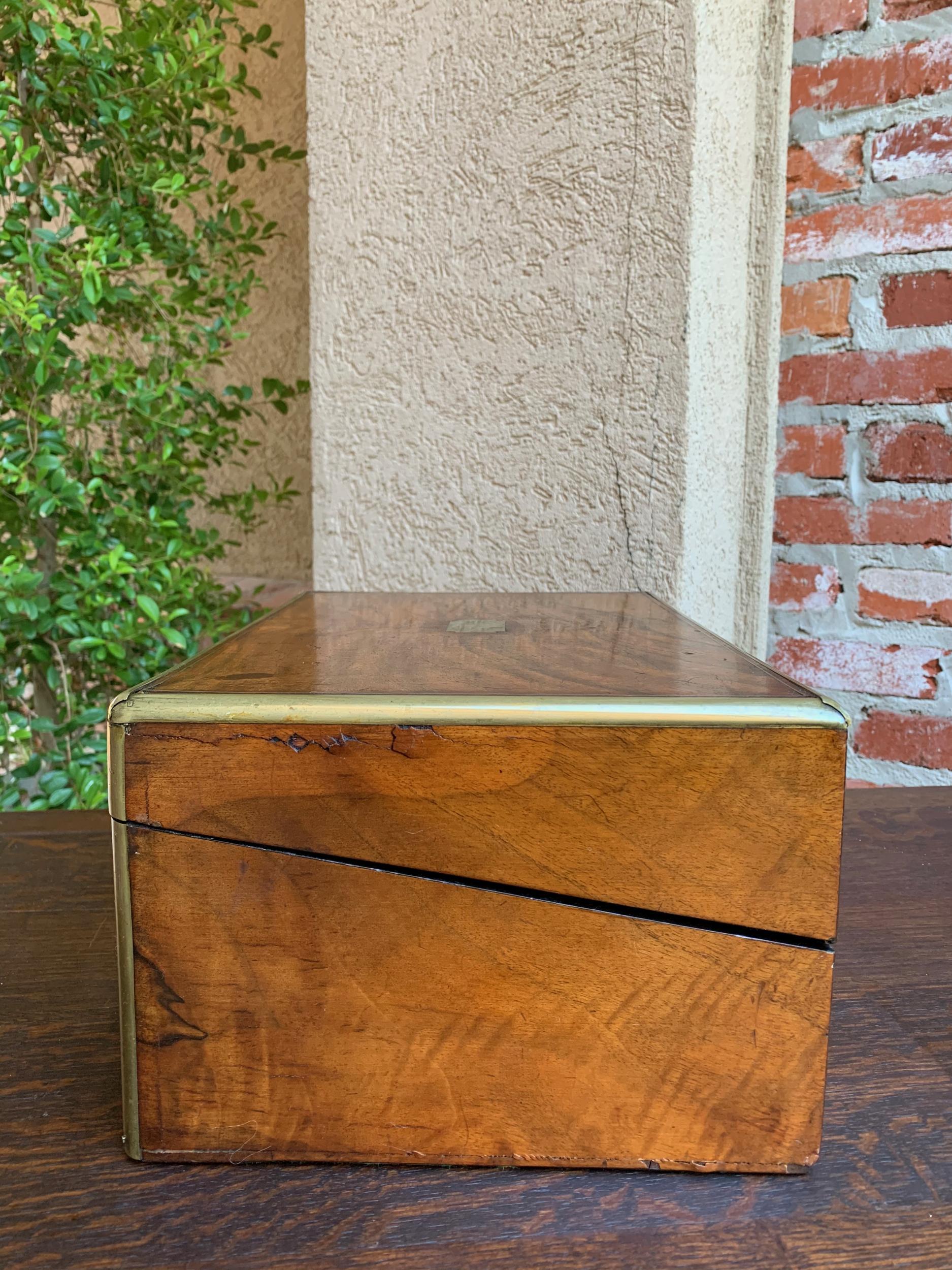 19th Century English Campaign Mahogany Writing Slope Lap Desk Box Brass 7