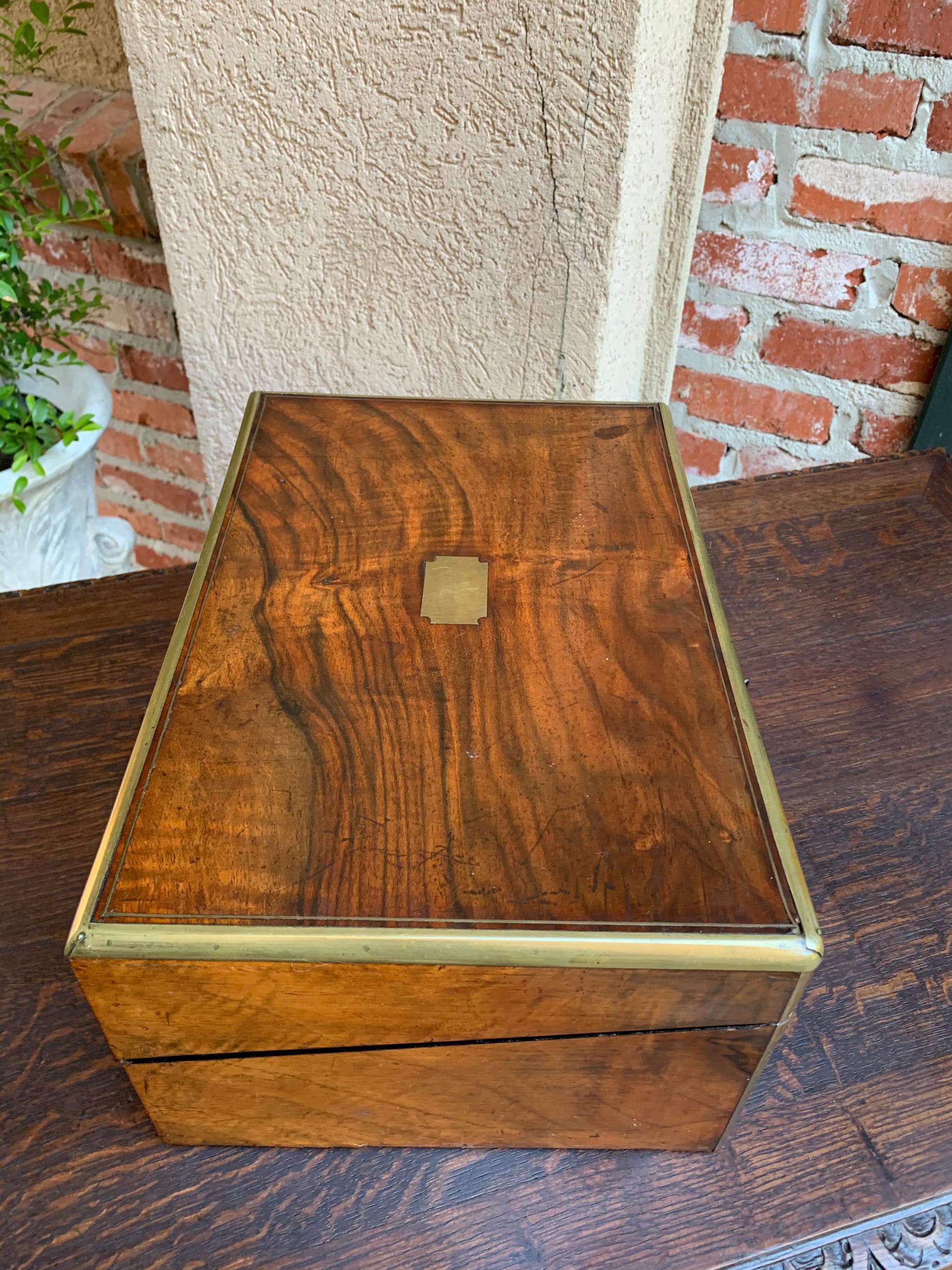 19th Century English Campaign Mahogany Writing Slope Lap Desk Box Brass 9