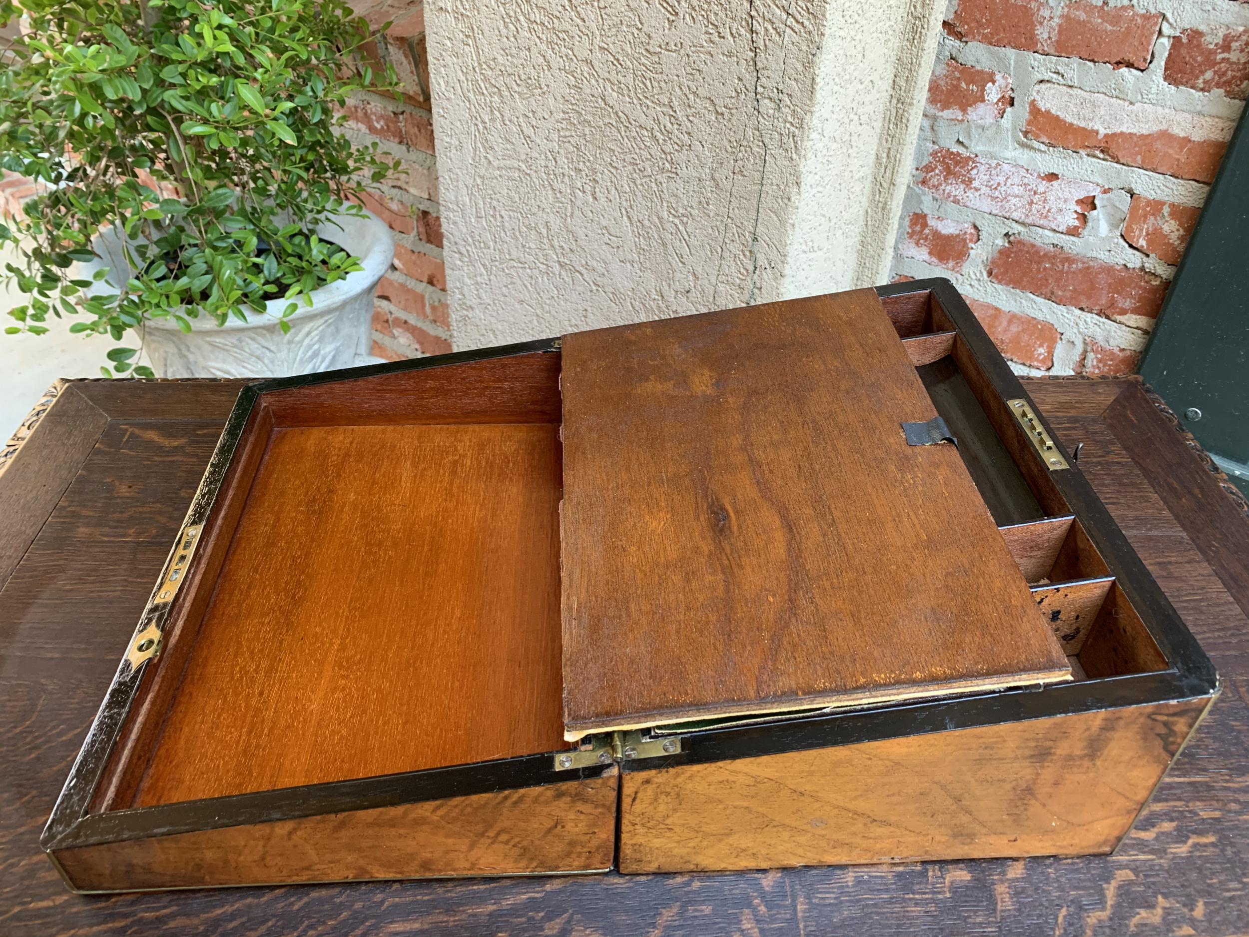 19th Century English Campaign Mahogany Writing Slope Lap Desk Box Brass 10
